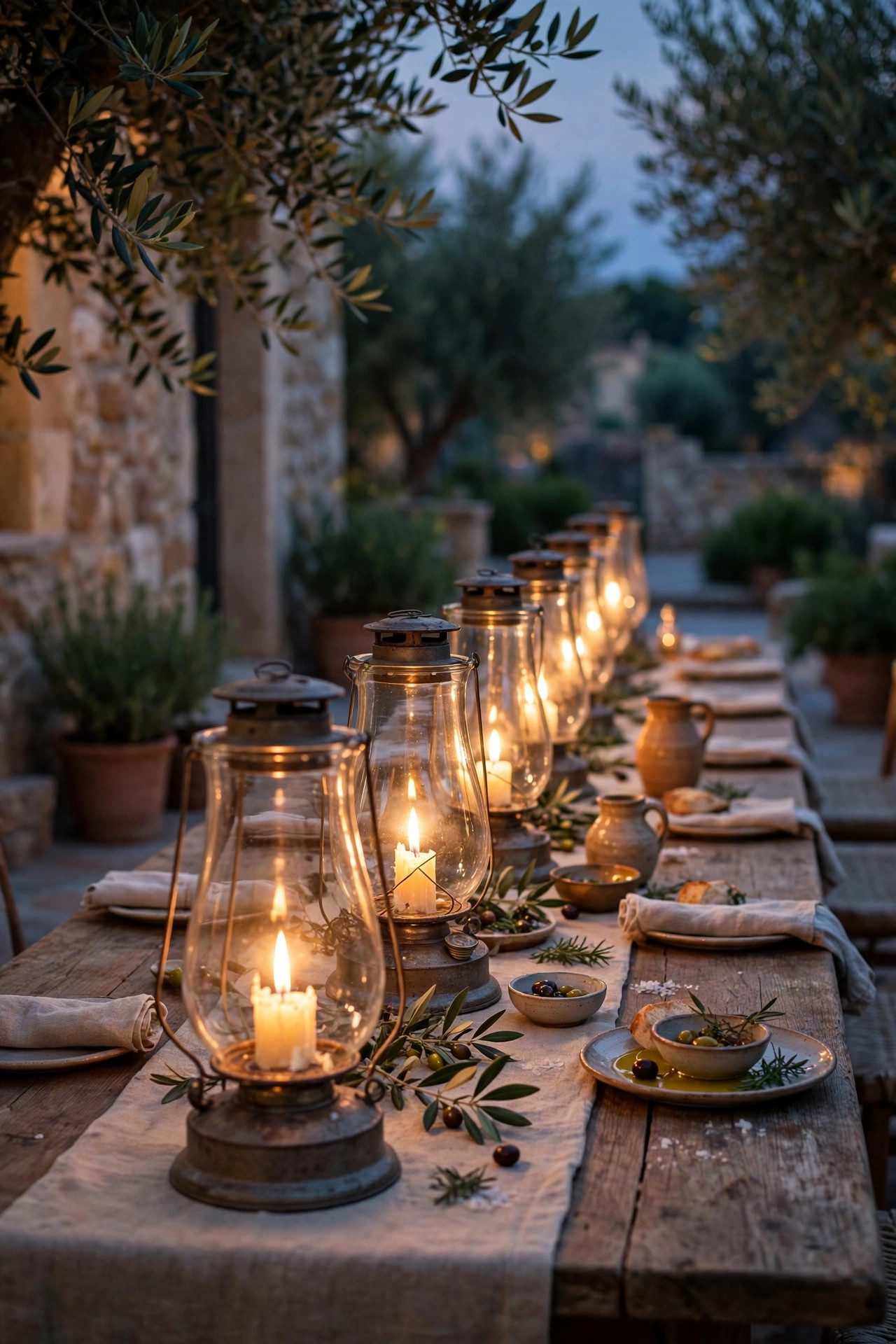 Row of glass hurricane lanterns with warm candles down the center of a long Mediterranean outdoor dining table