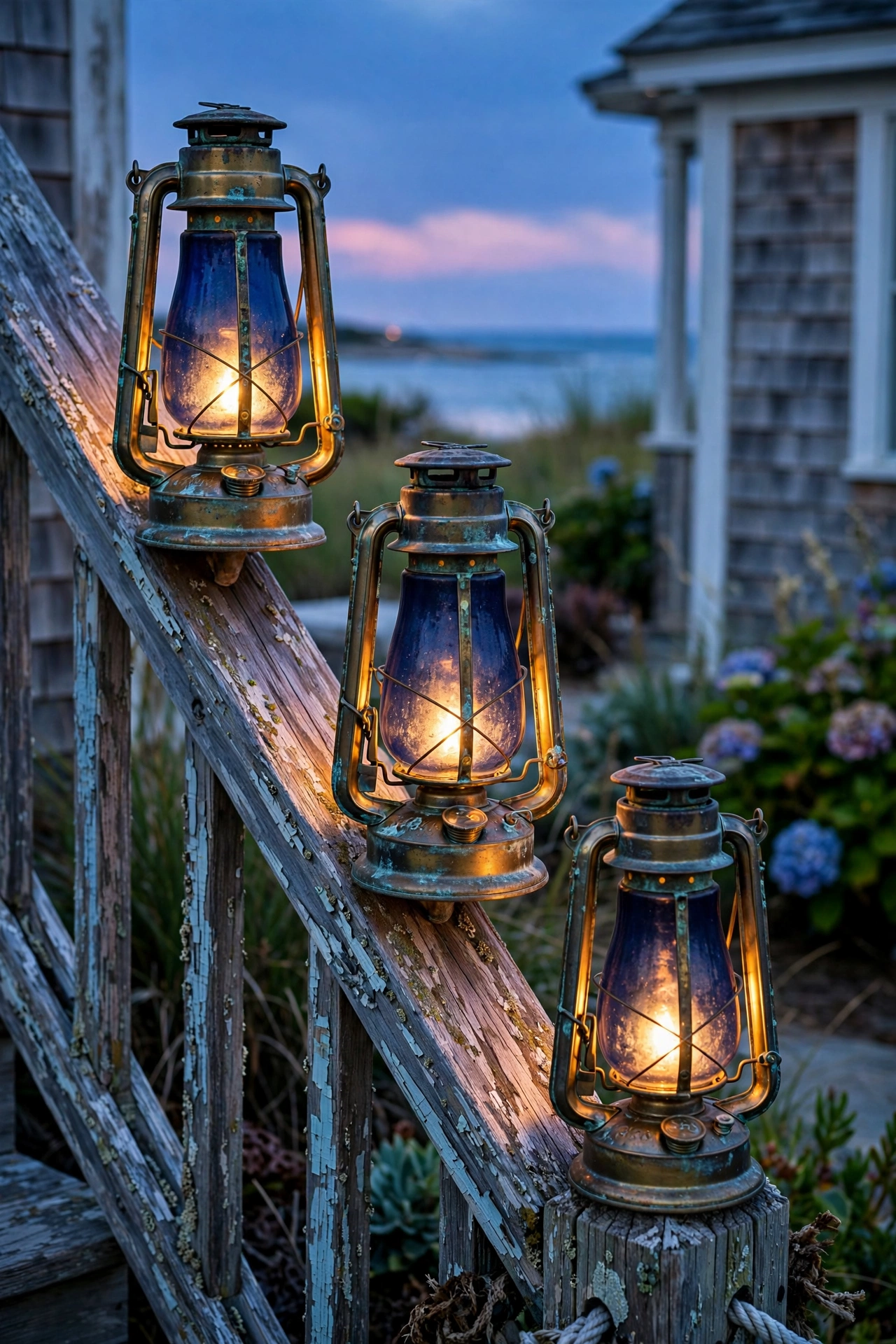 Navy glass hurricane lanterns with brass frames glowing on a coastal stair railing