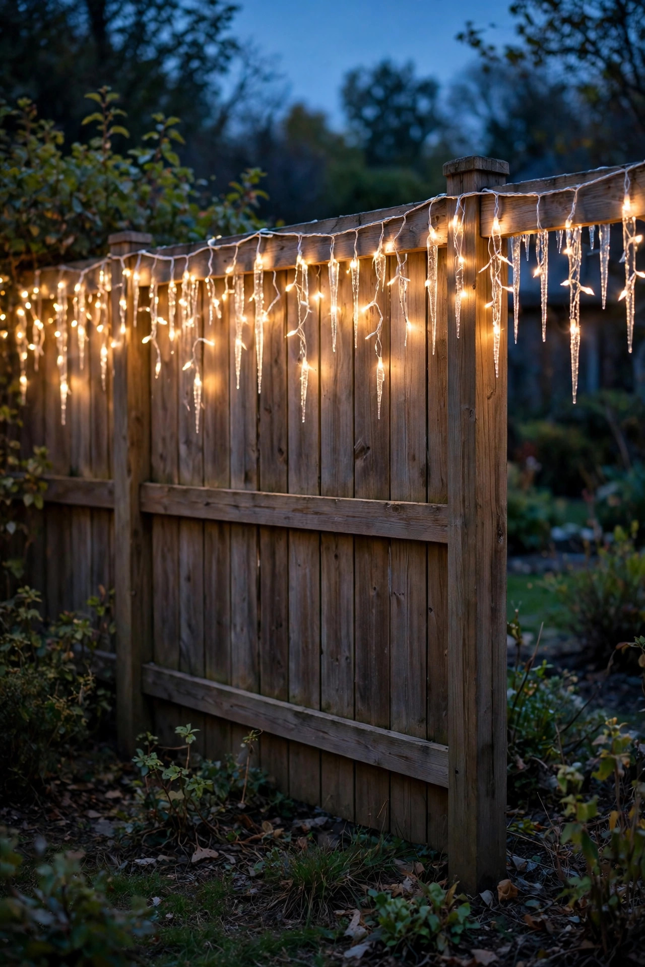 Wooden privacy fence with warm white icicle Christmas lights hanging along the top rail at dusk