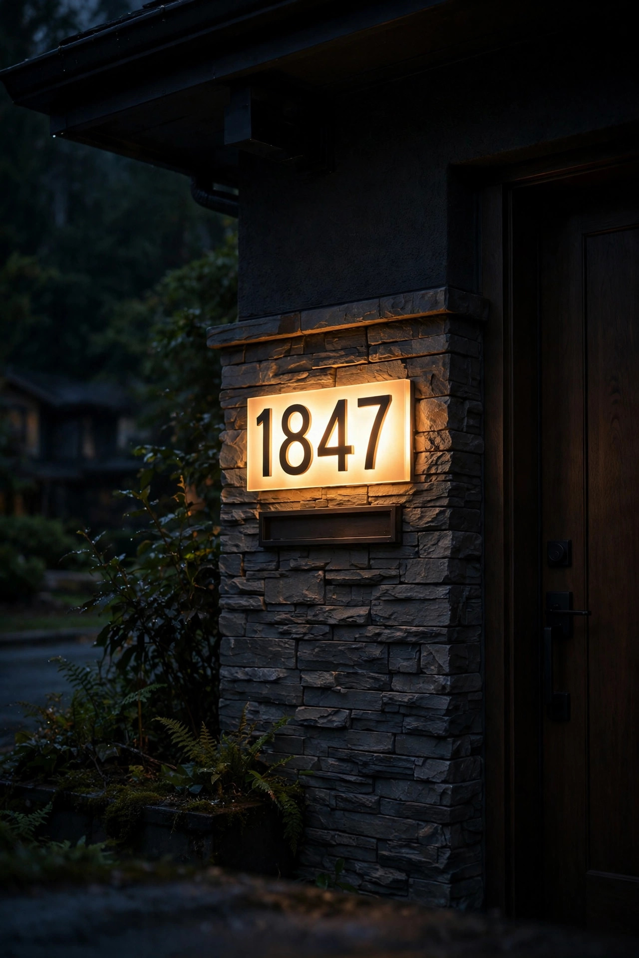 Backlit illuminated house numbers glowing on a home exterior at night, easy to read from a dark street