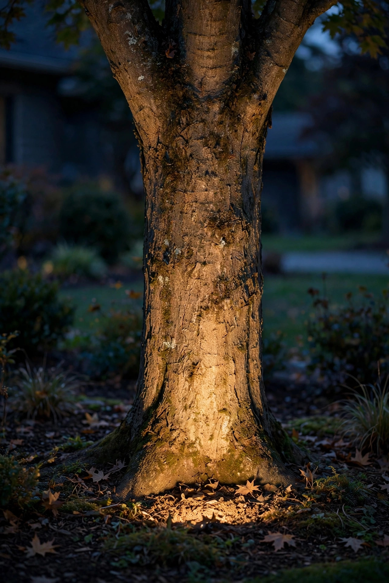 Flush in-ground well light washing a front yard tree trunk with warm light, invisible during the day