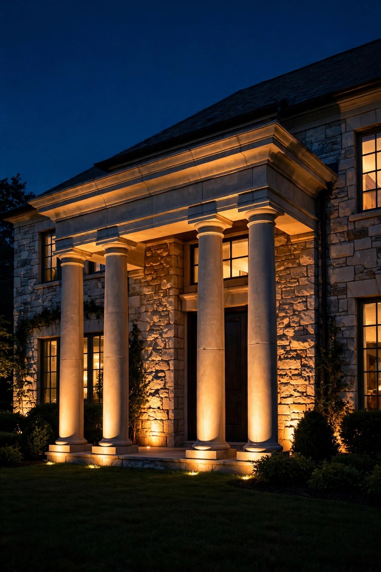 Flush in-ground well lights uplighting the stone facade and columns of an elegant home at night, with no visible fixtures in the lawn