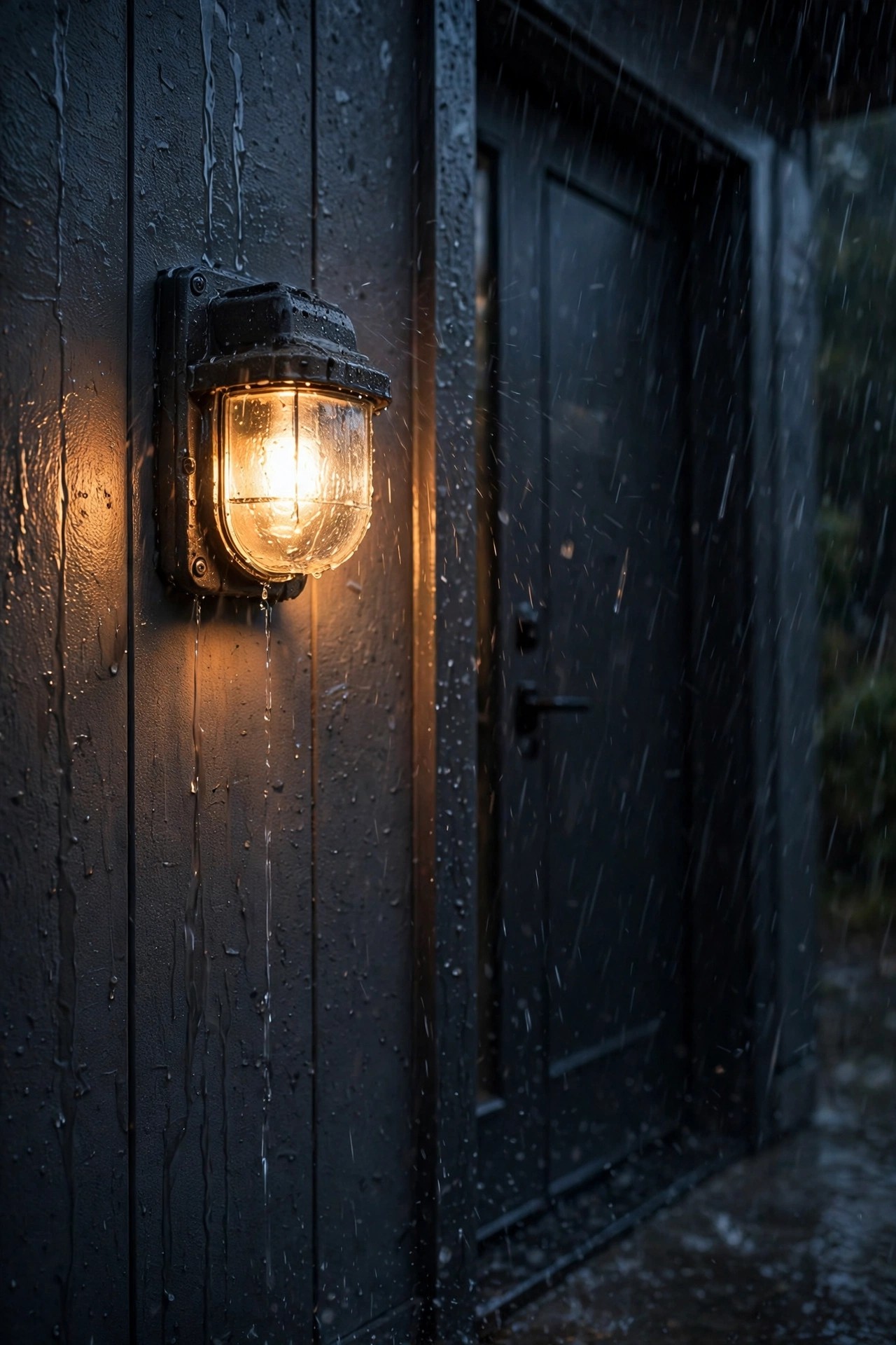 Dust-tight outdoor wall sconce glowing warmly beside a front door during a steady evening downpour