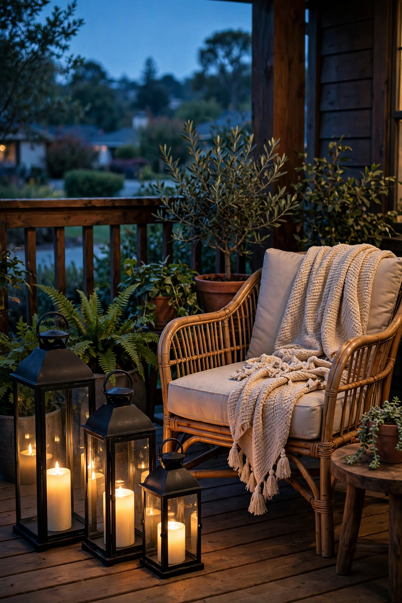 Cluster of oversized lanterns with warm flameless candles in a cozy back porch corner