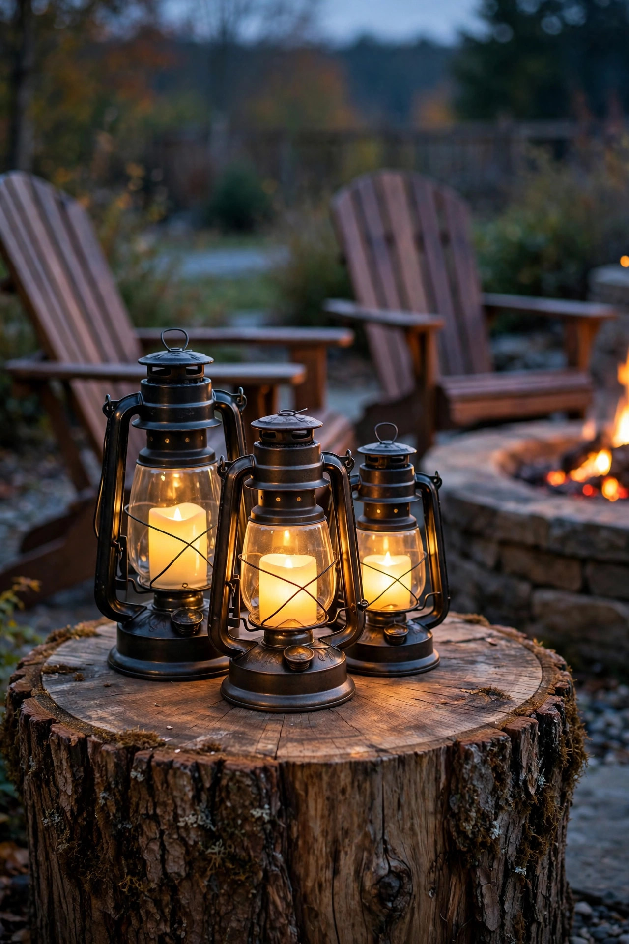 Cluster of three lanterns with flameless candles on a log side table beside fire pit chairs