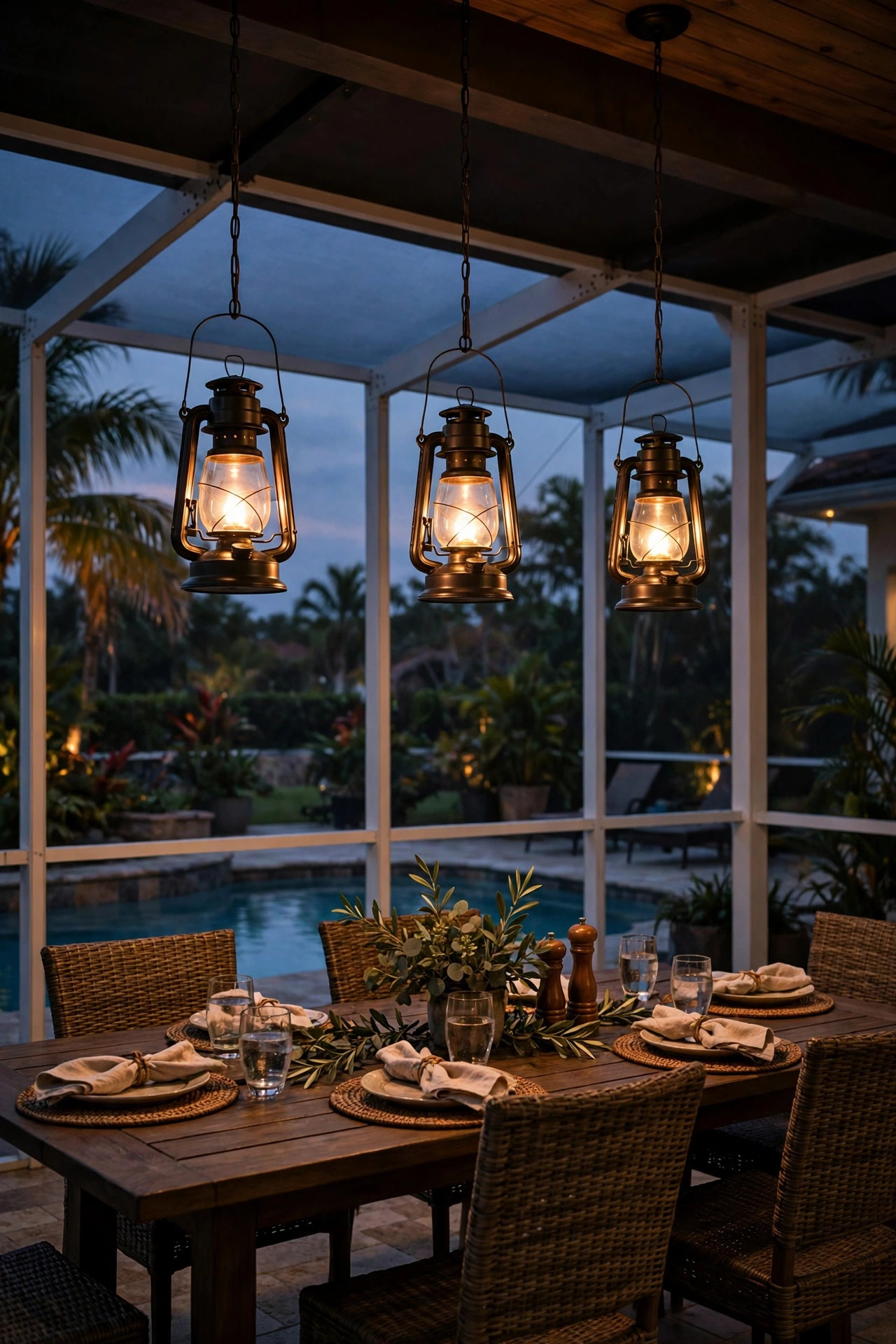 Three warm lantern pendant lights hanging over an outdoor dining table in the lanai section of a screened pool enclosure