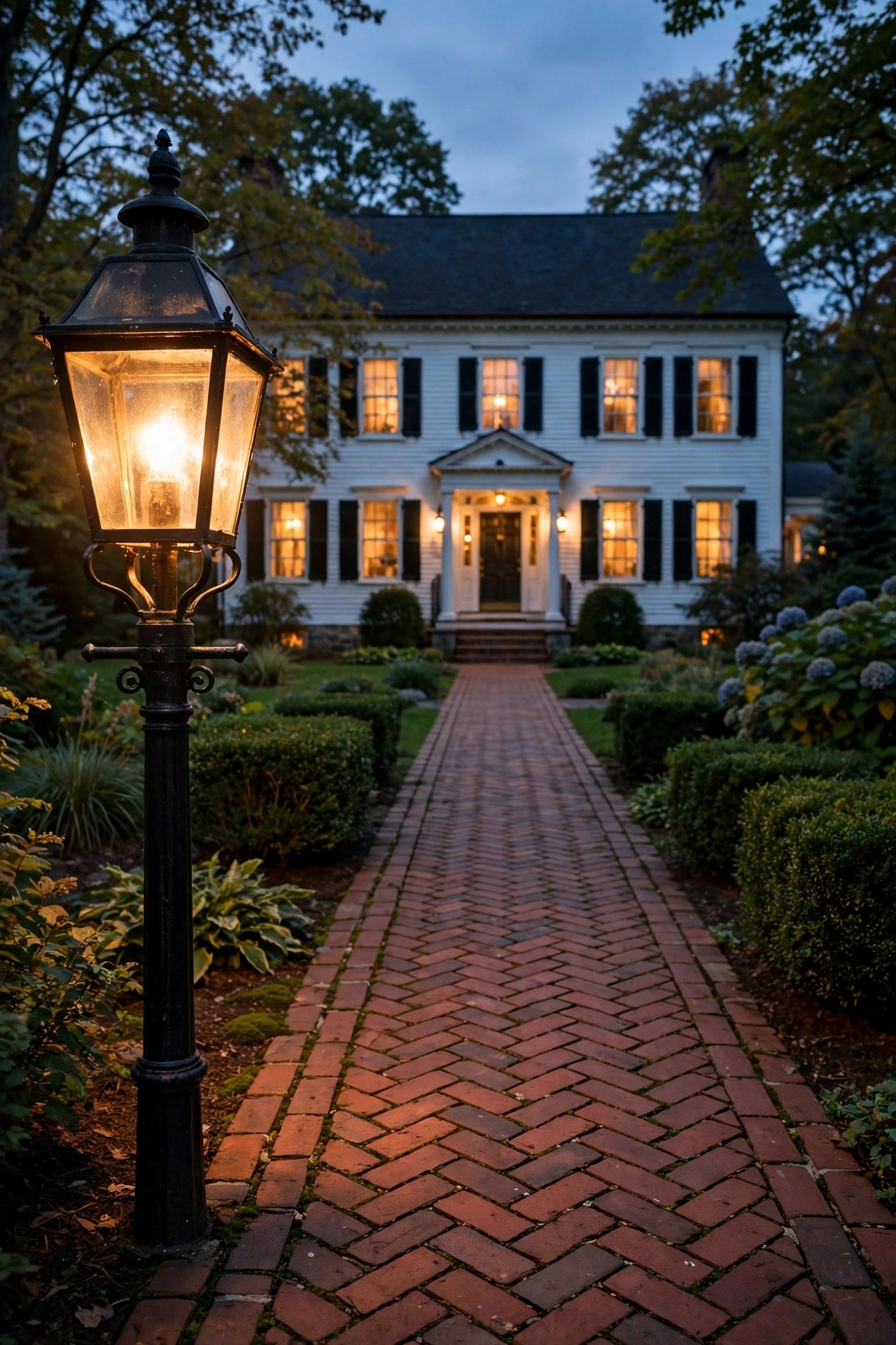 Traditional lantern post light glowing warm at the start of a brick walkway leading to a colonial home