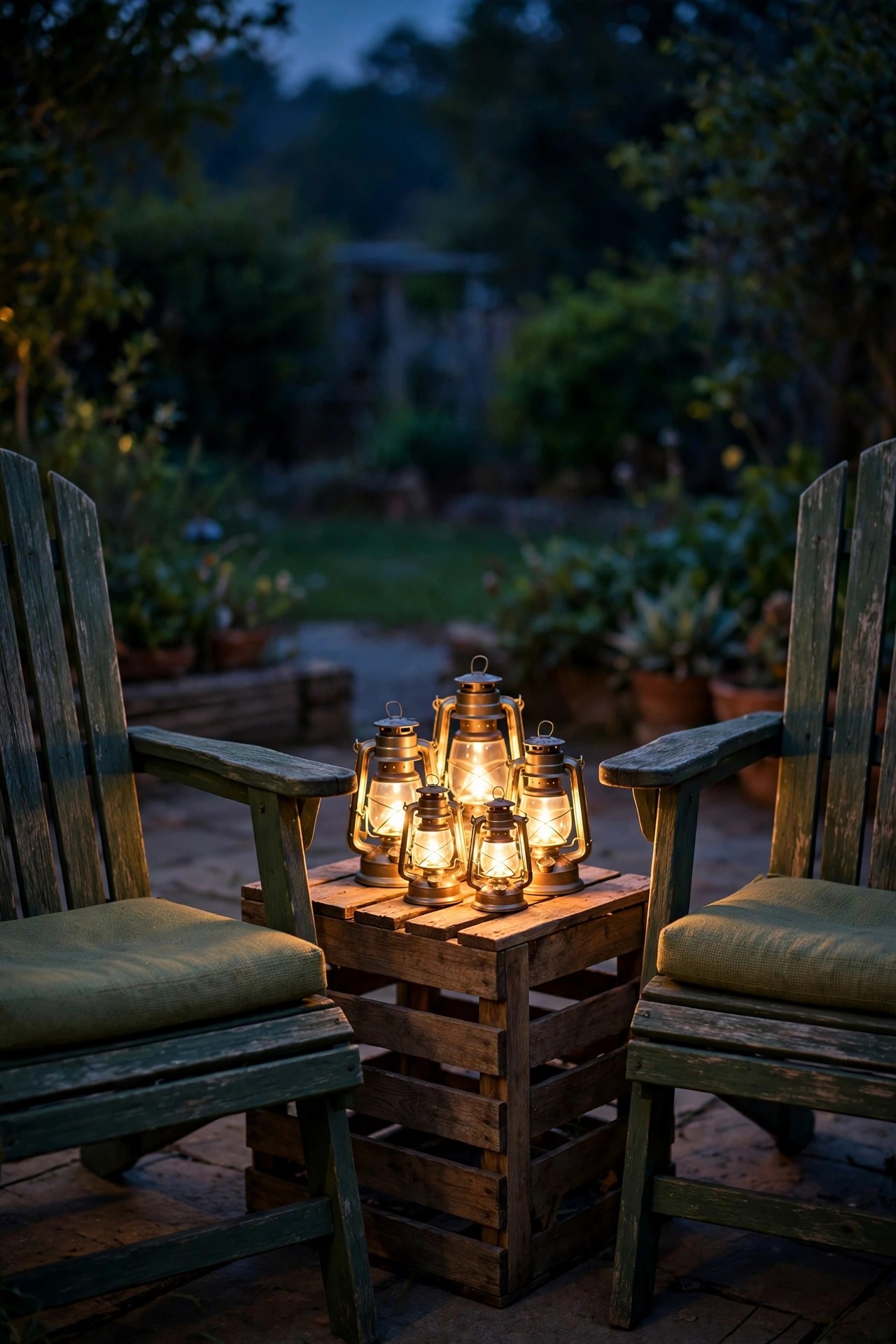 Small warm battery lanterns clustered on a wooden crate side table between outdoor chairs at night