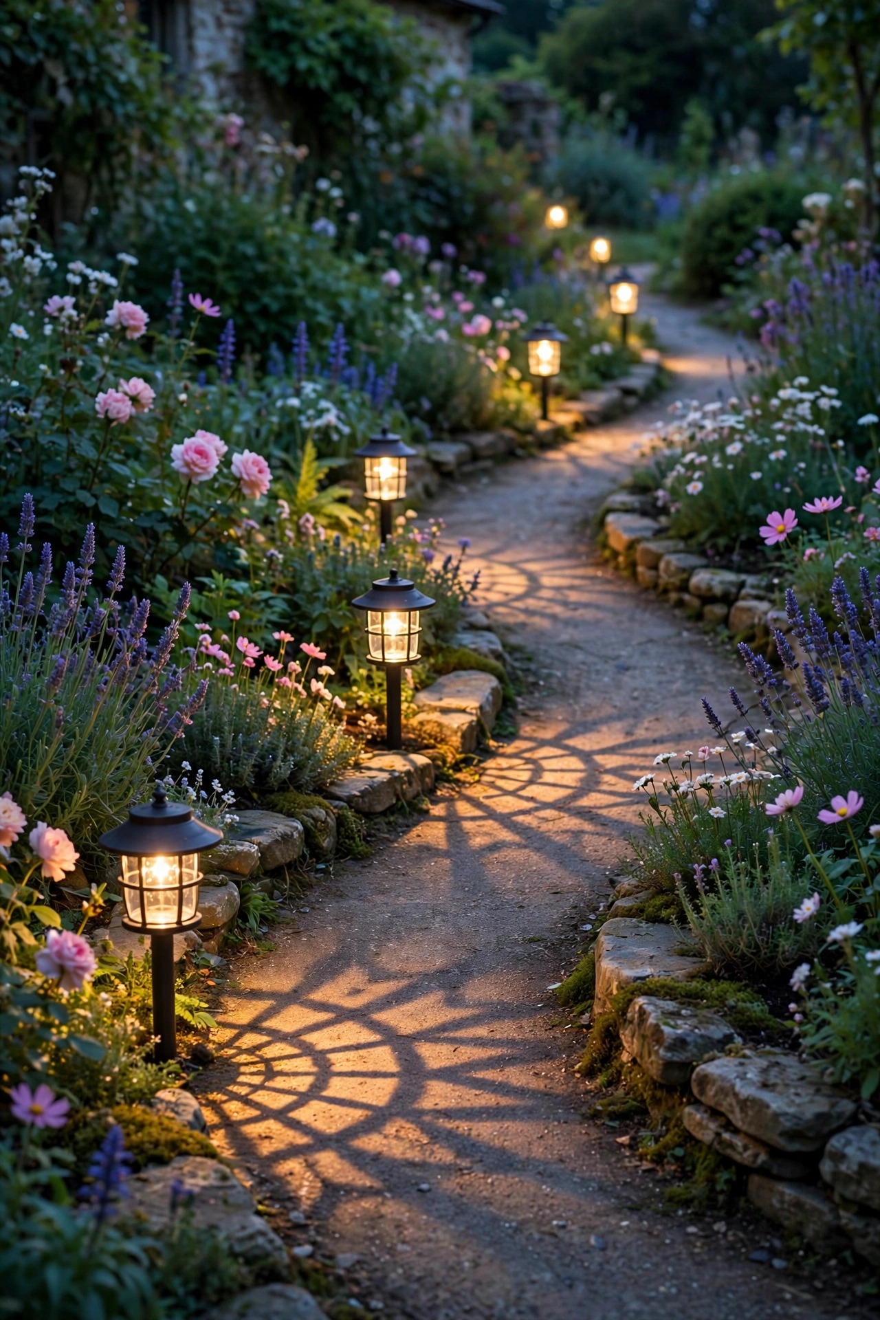 Lantern-style solar path lights with small framed cages casting patterned warm light across a curved cottage garden path at dusk, flowers and stone edging