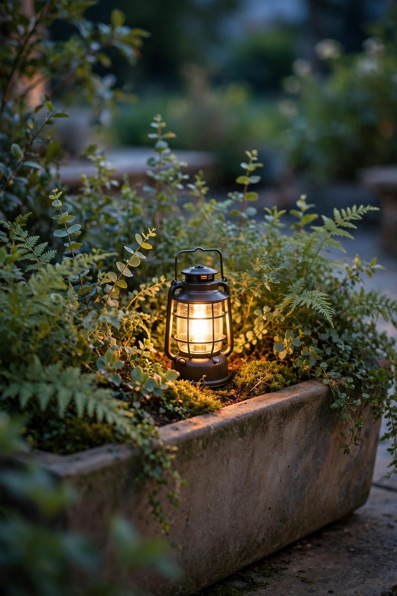 Small battery lantern glowing inside a wide patio planter surrounded by soft green foliage
