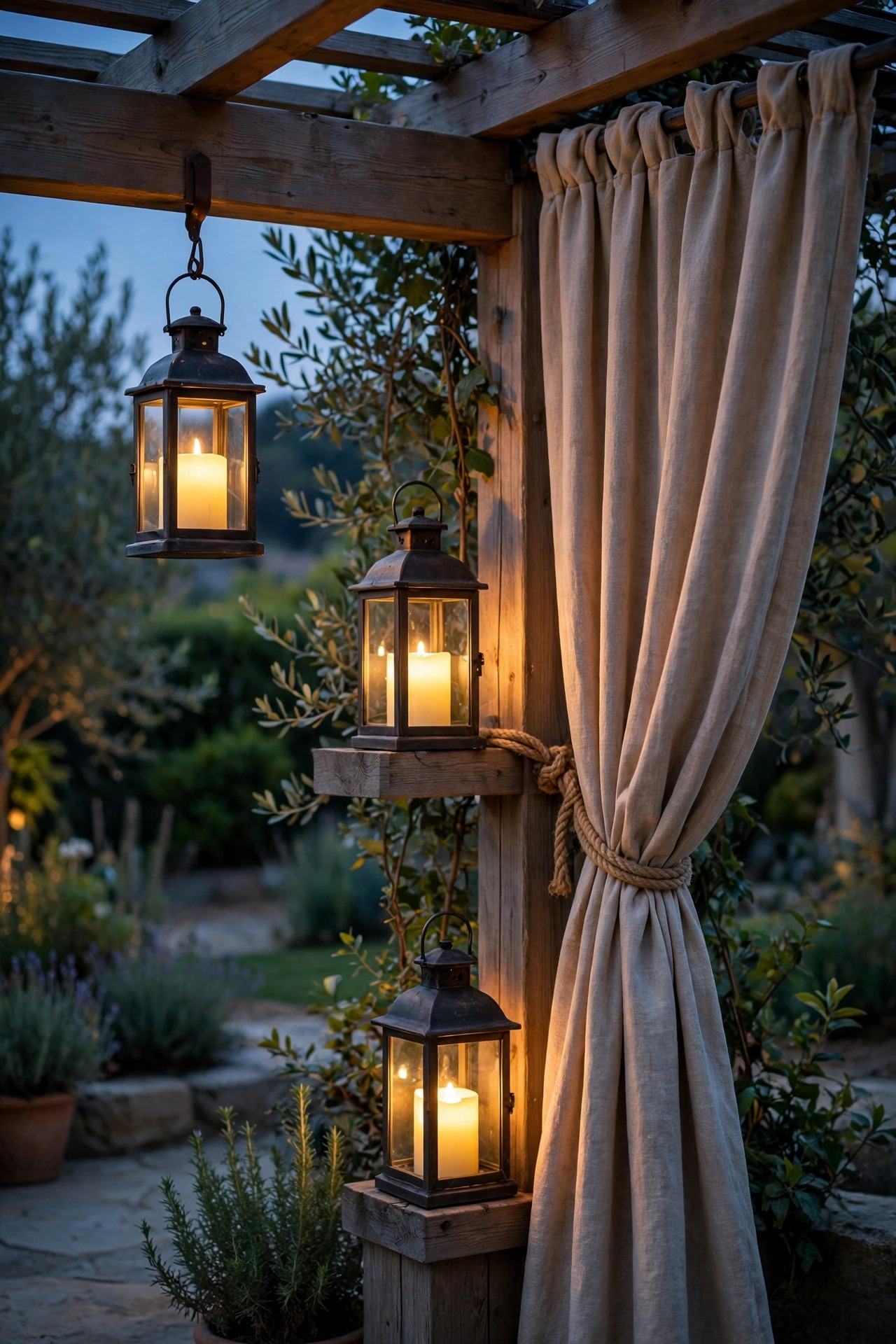 Lanterns with flameless candles glowing beside gathered pergola curtain tie-backs