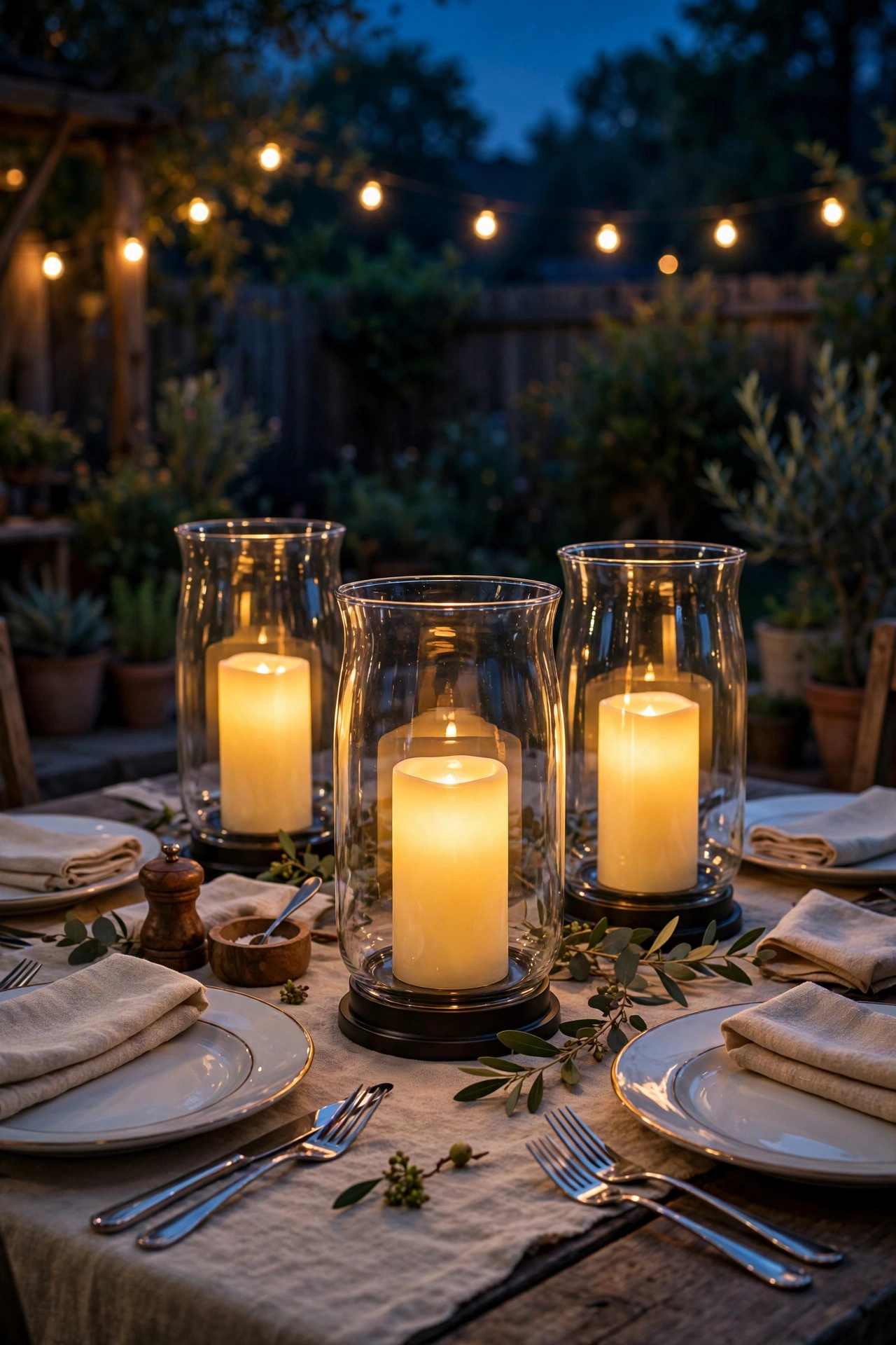 Flameless LED candles glowing in glass hurricanes as table centerpieces at an outdoor party