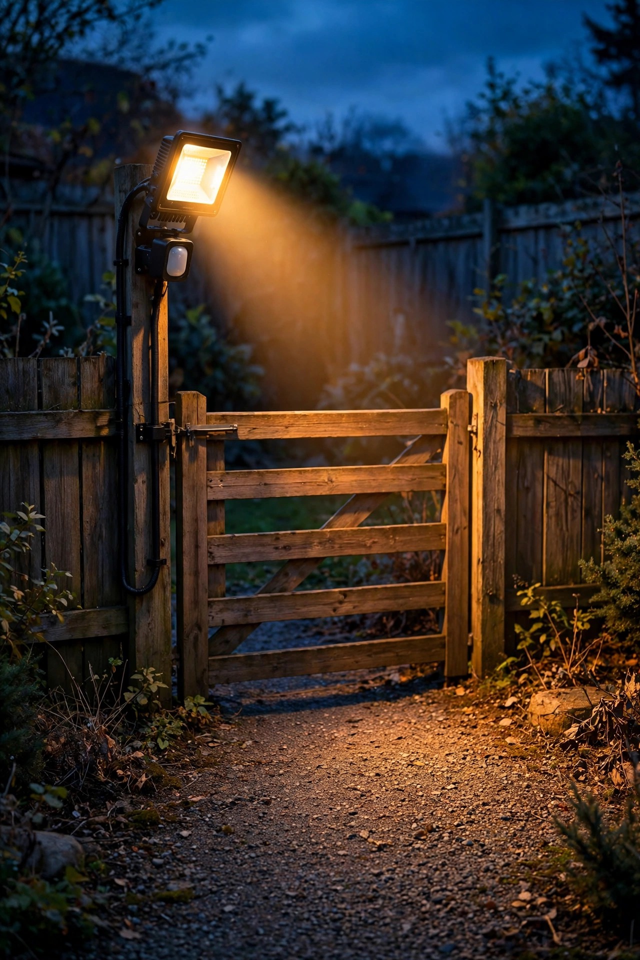Wired LED floodlight on a motion sensor lighting a backyard gate area at dusk