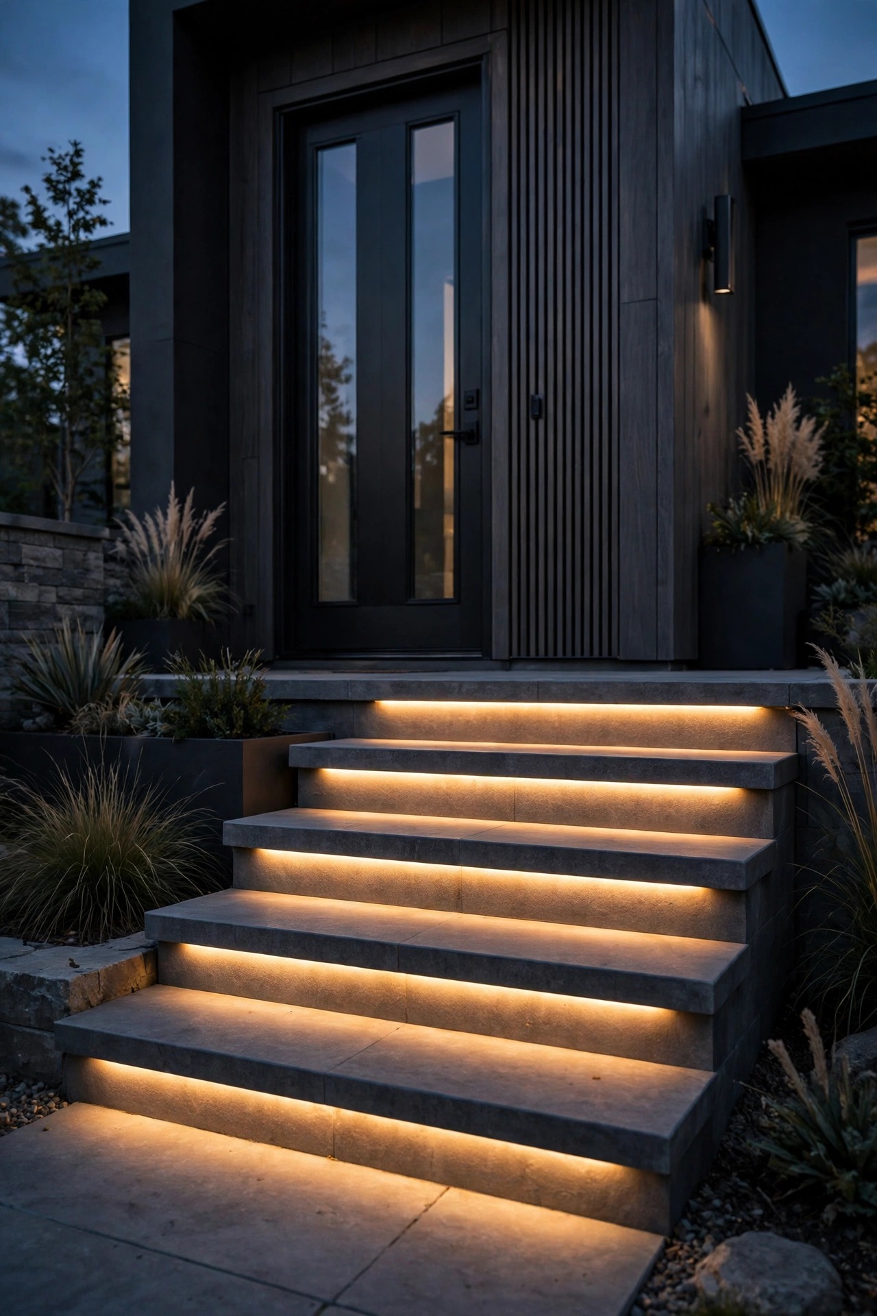 Modern front entry steps at dusk with warm LED strip light tucked under each tread washing the step below