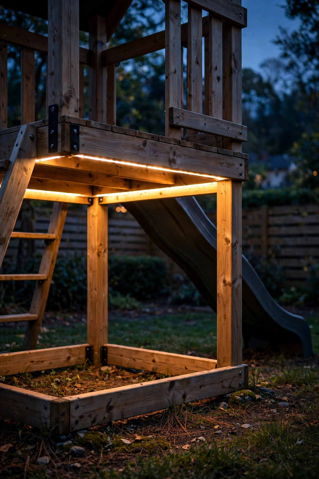 Warm LED strip light glowing beneath the edge of a wooden playset platform at night