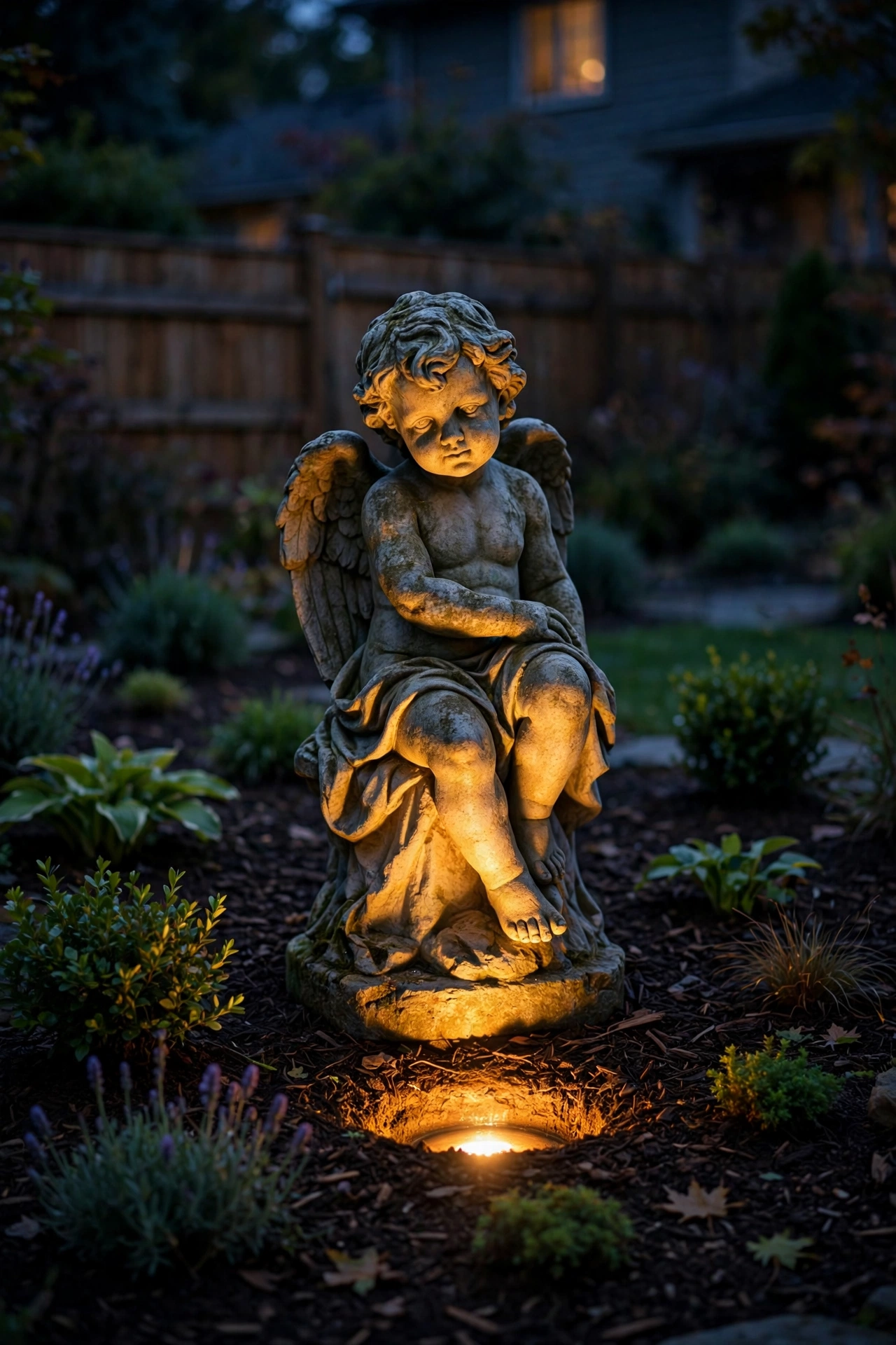 Single in ground well light uplighting a garden statue at night, soft warm glow