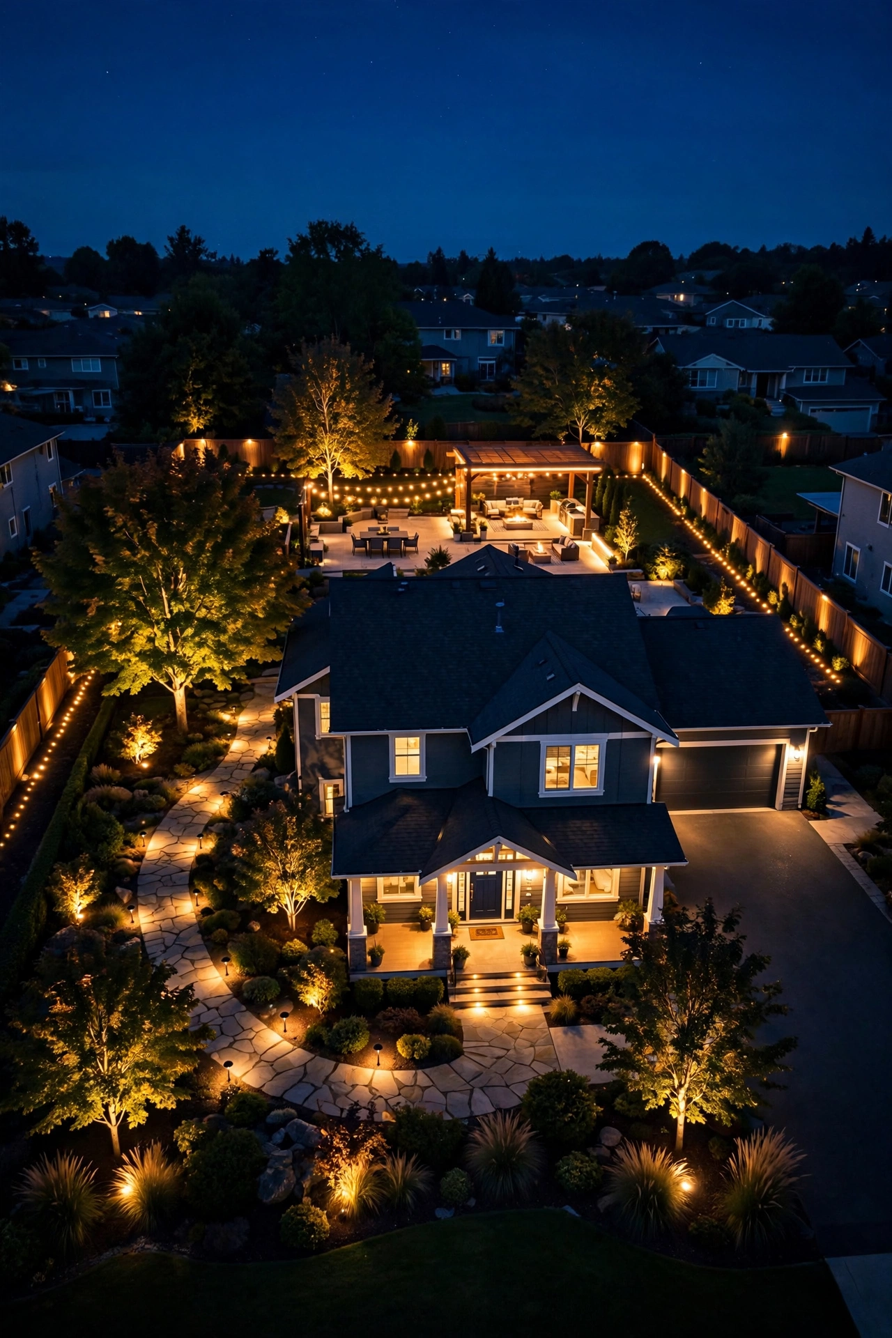 Night view of a suburban home showing smart outdoor lighting zones — welcome, path, landscape, patio, and perimeter zones labeled in warm light
