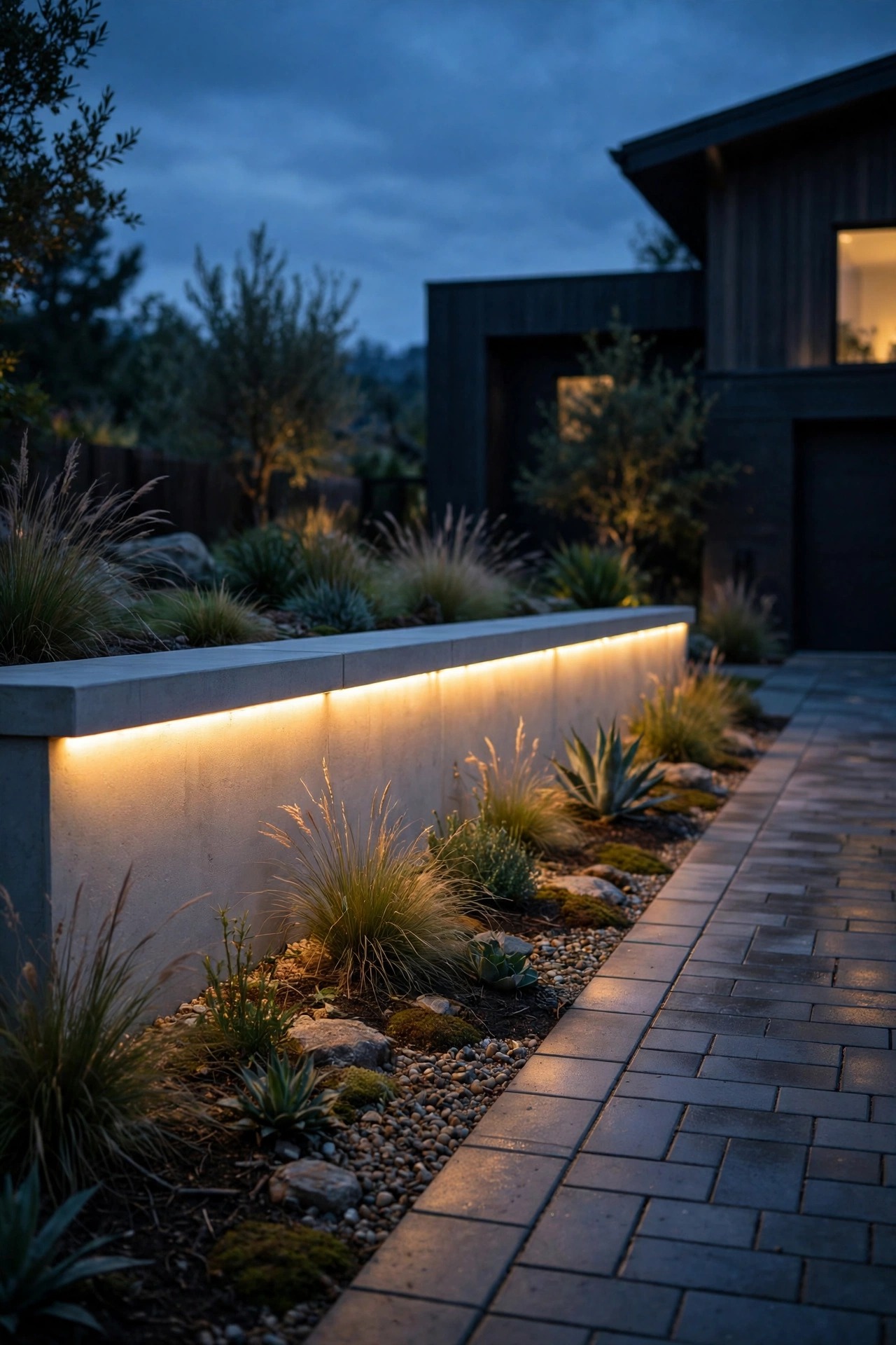 Continuous warm LED strip glowing under a low retaining wall cap beside a modern driveway at dusk