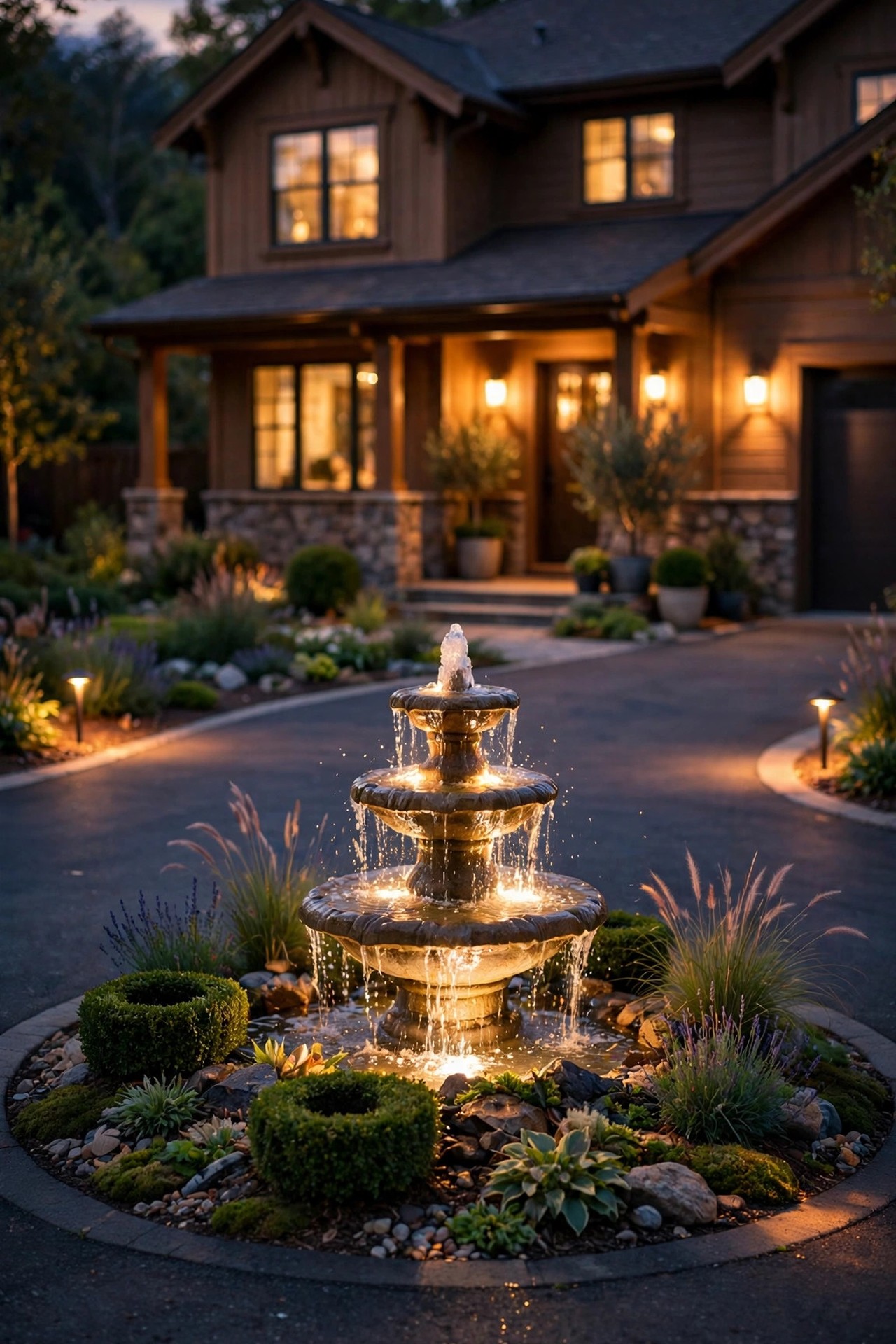 Small tiered fountain in a circular driveway center island lit from underwater with warm white light, water sparkling at dusk