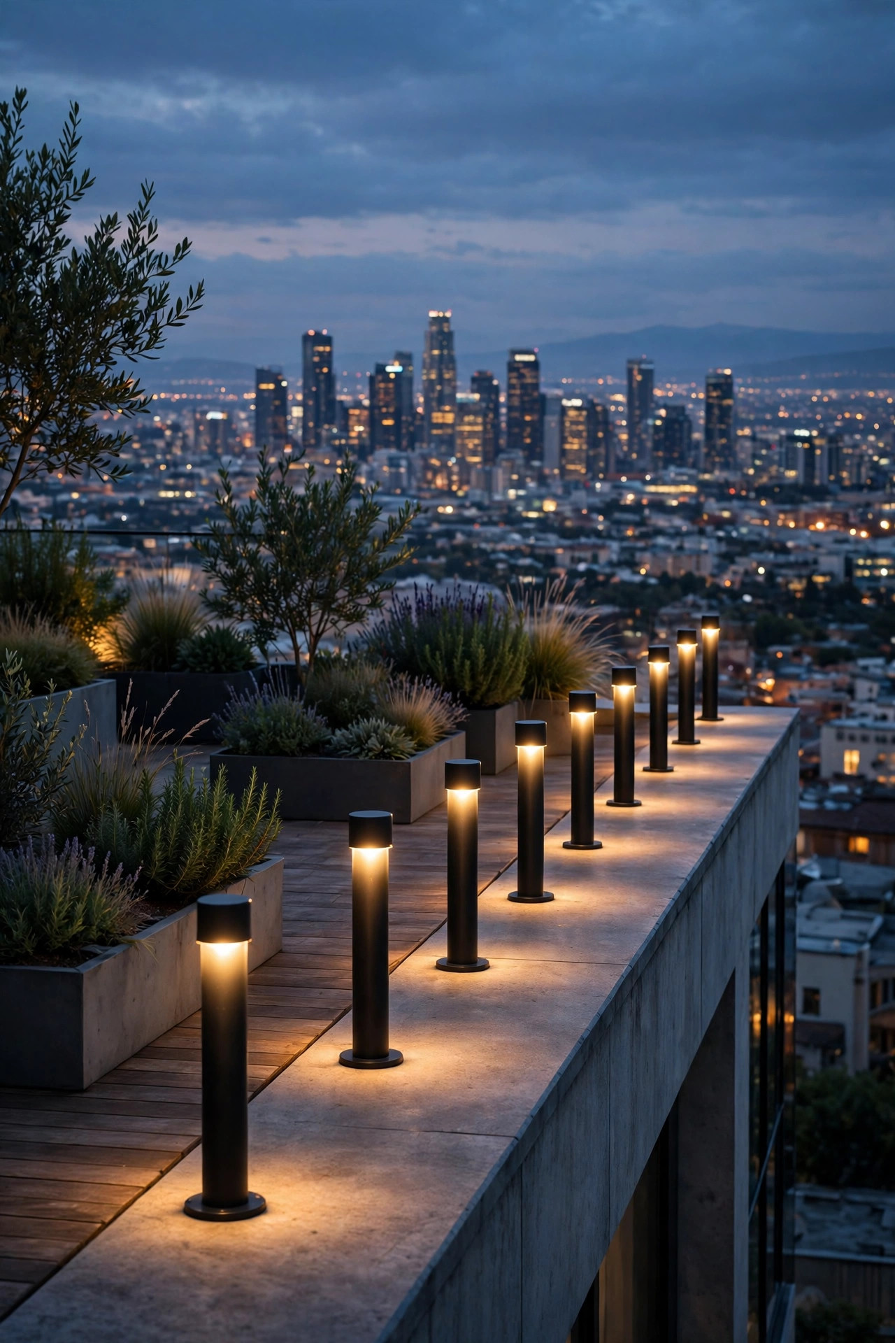 Low bollard lights glowing softly along the edge of a rooftop terrace at dusk, marking the perimeter below the skyline view