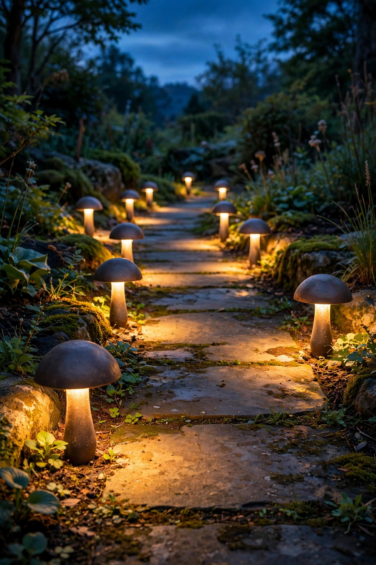 Short mushroom path lights under 18 inches tall casting overlapping warm pools along a stone walkway at dusk