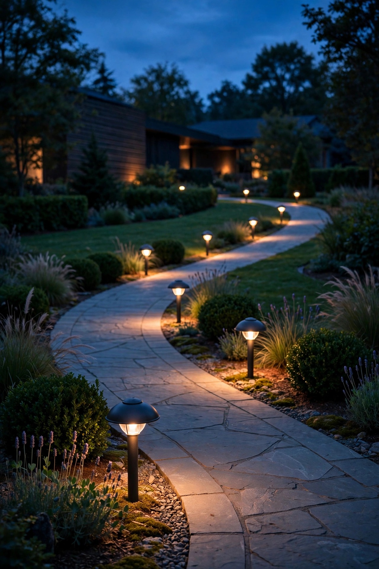 Low modern dome path lights with a classic silhouette spaced along a curved front walk at dusk