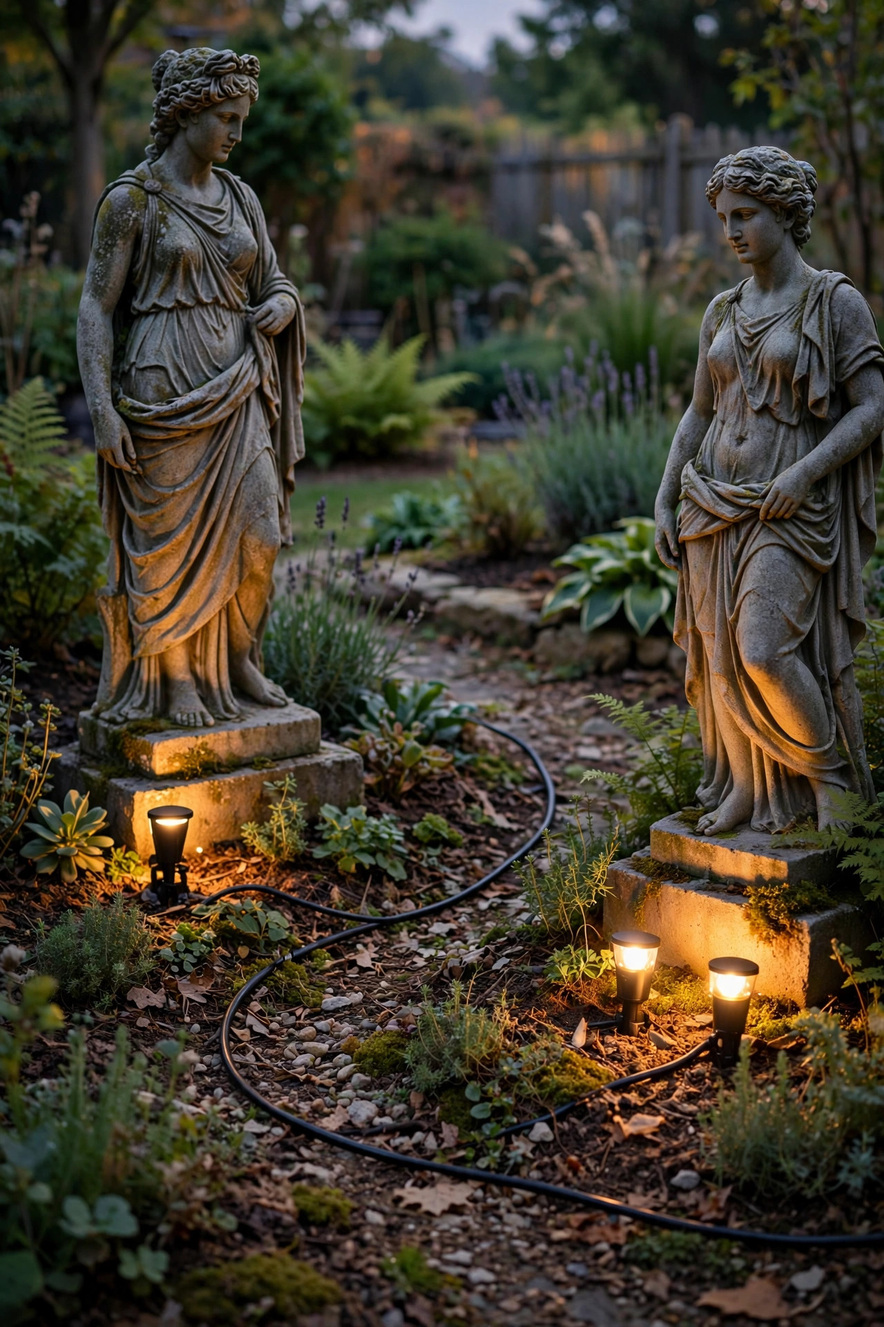 Low-voltage cable run through a garden bed connecting small spotlights at the bases of two stone statues