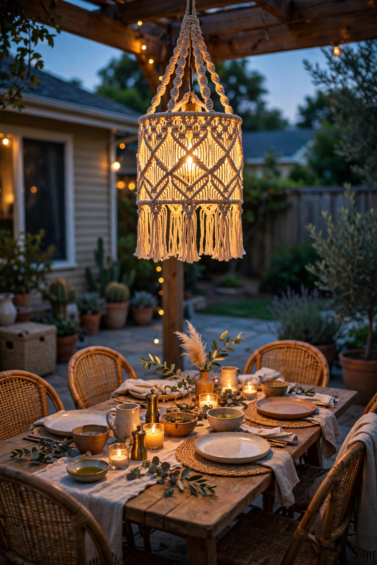 Handmade macramé pendant light glowing over a boho outdoor dining table