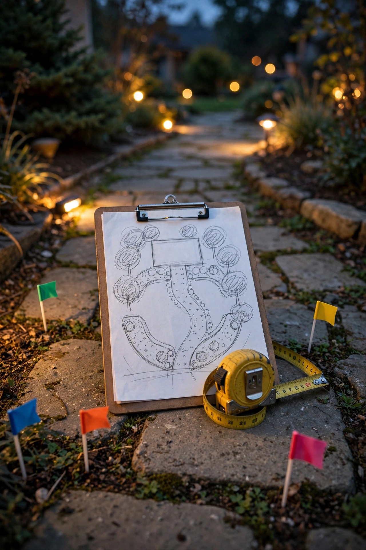 A clipboard with a yard sketch, tape measure and numbered marker flags resting on a garden path as landscape lights glow at dusk