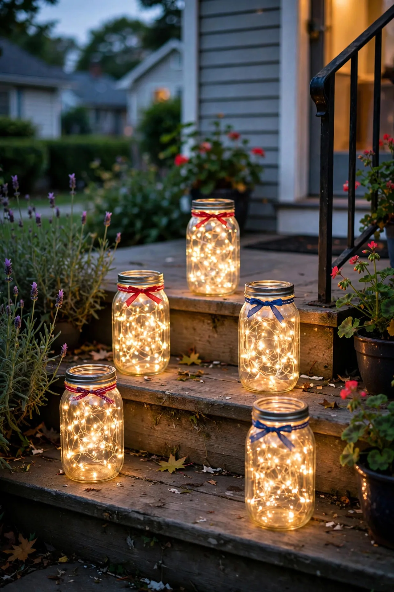 Mason jars filled with warm fairy lights glowing on outdoor steps for Fourth of July decor