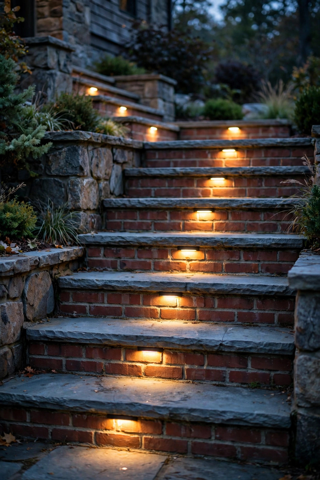 Recessed step lights built into the brick risers of a stone front staircase glowing warmly at dusk