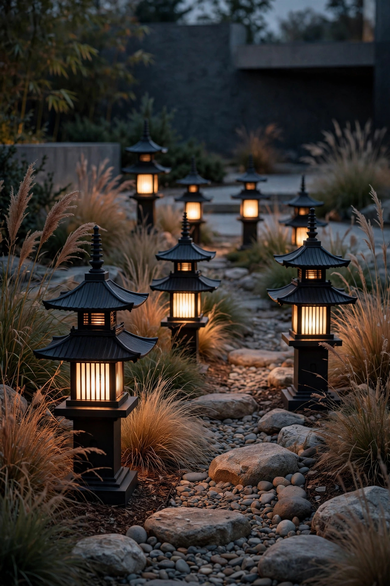 Matte black tiered pagoda lights along a minimalist entry path with ornamental grasses and river rock