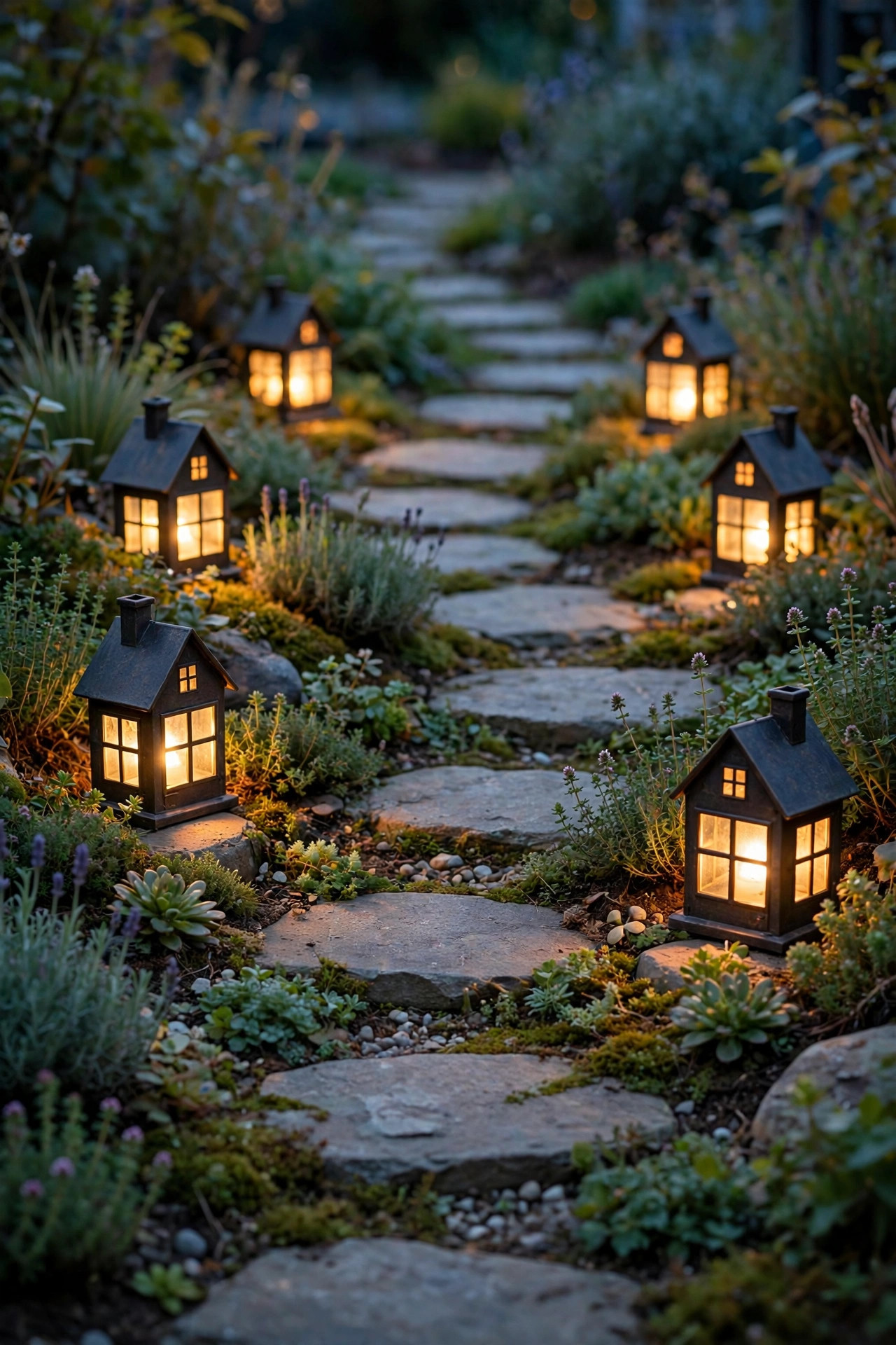 Miniature house-shaped lantern path lights with glowing windows nestled among low plantings along stepping stones