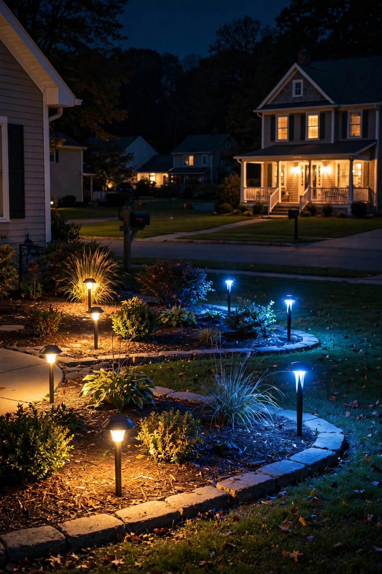 Front yard at night showing mismatched warm and cool white landscape lights versus a consistent warm 2700K lighting scheme