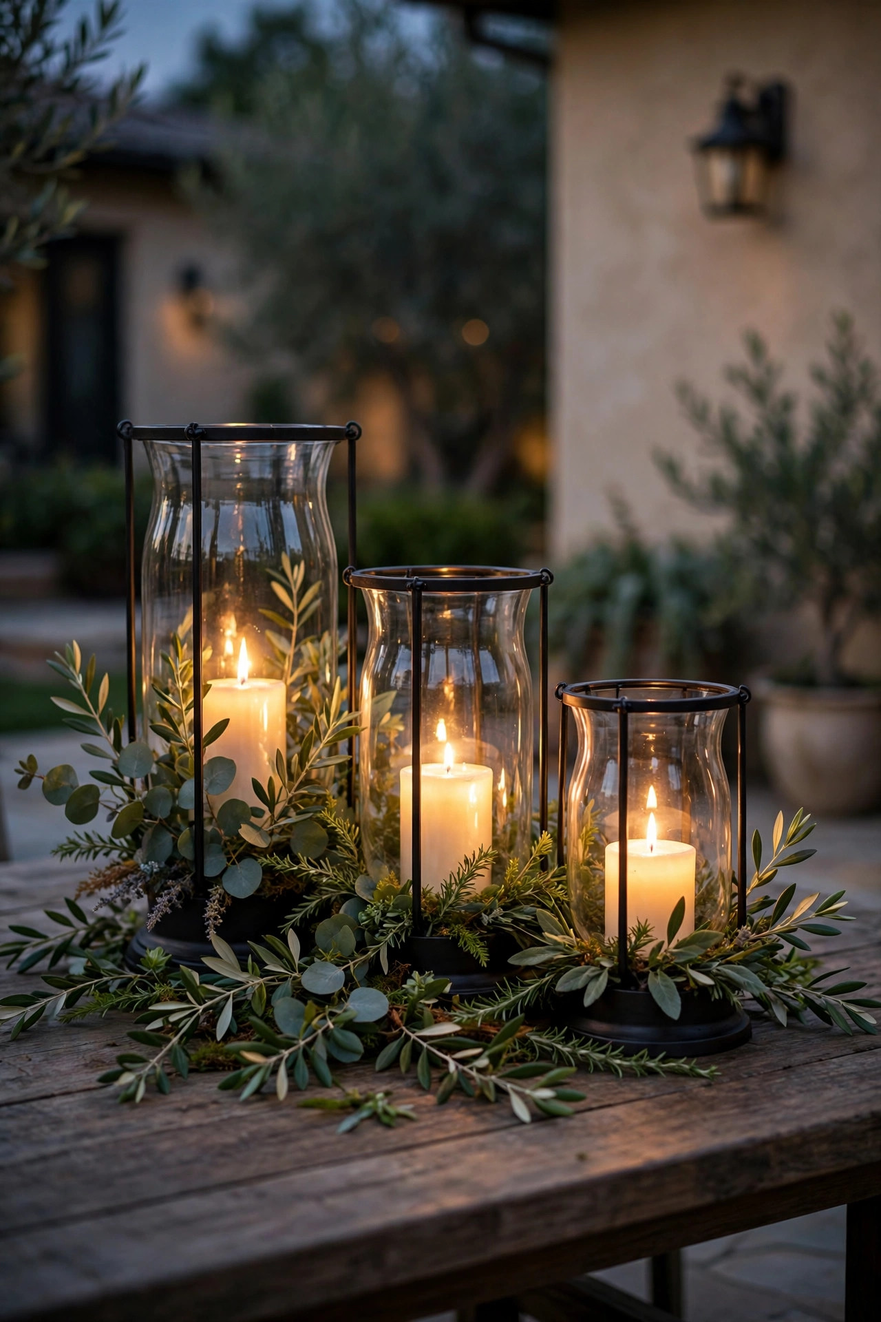 Trio of hurricane lanterns in three staggered heights with greenery styled as an outdoor table centerpiece
