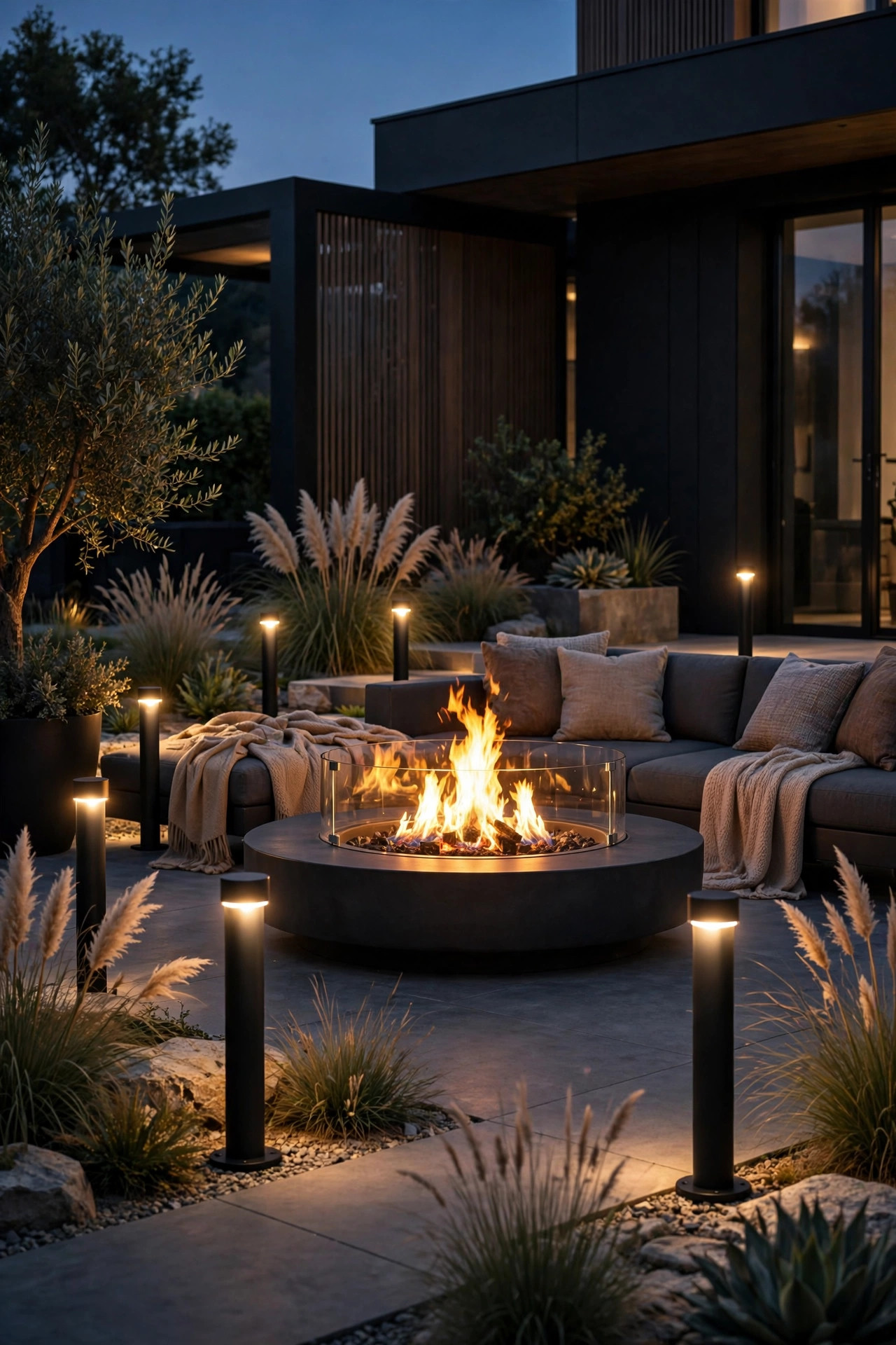 Sleek black bollard lights glowing around a modern gas fire pit seating area