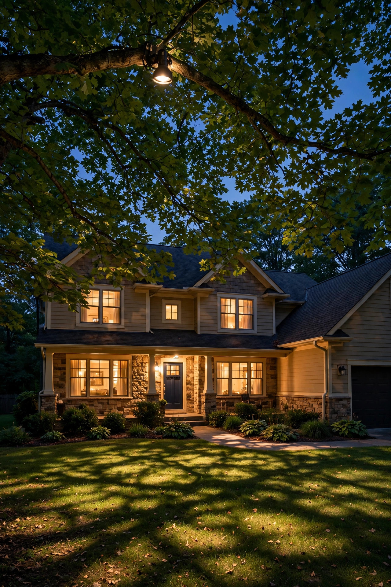 Moonlighting fixture high in a front yard tree canopy casting dappled light on the lawn below