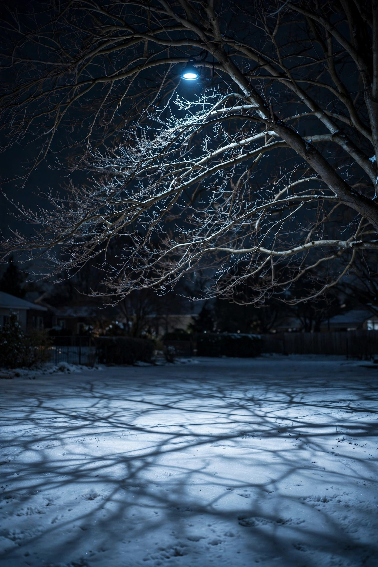 Dappled moonlight-style shadows cast on snow beneath a tall bare tree with a downlight fixture