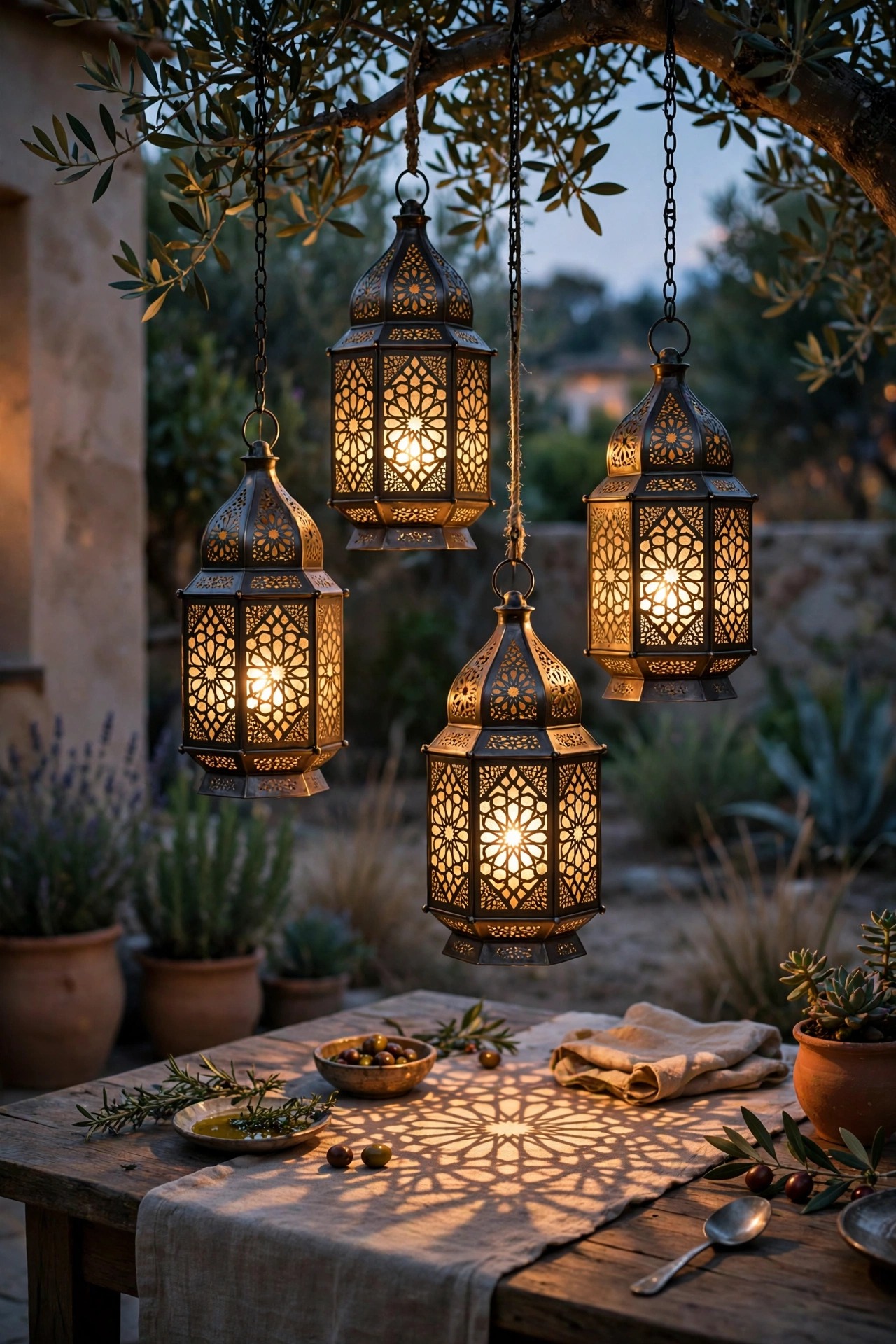 Moroccan pierced metal lanterns hanging from a branch casting patterned light over a backyard table at dusk