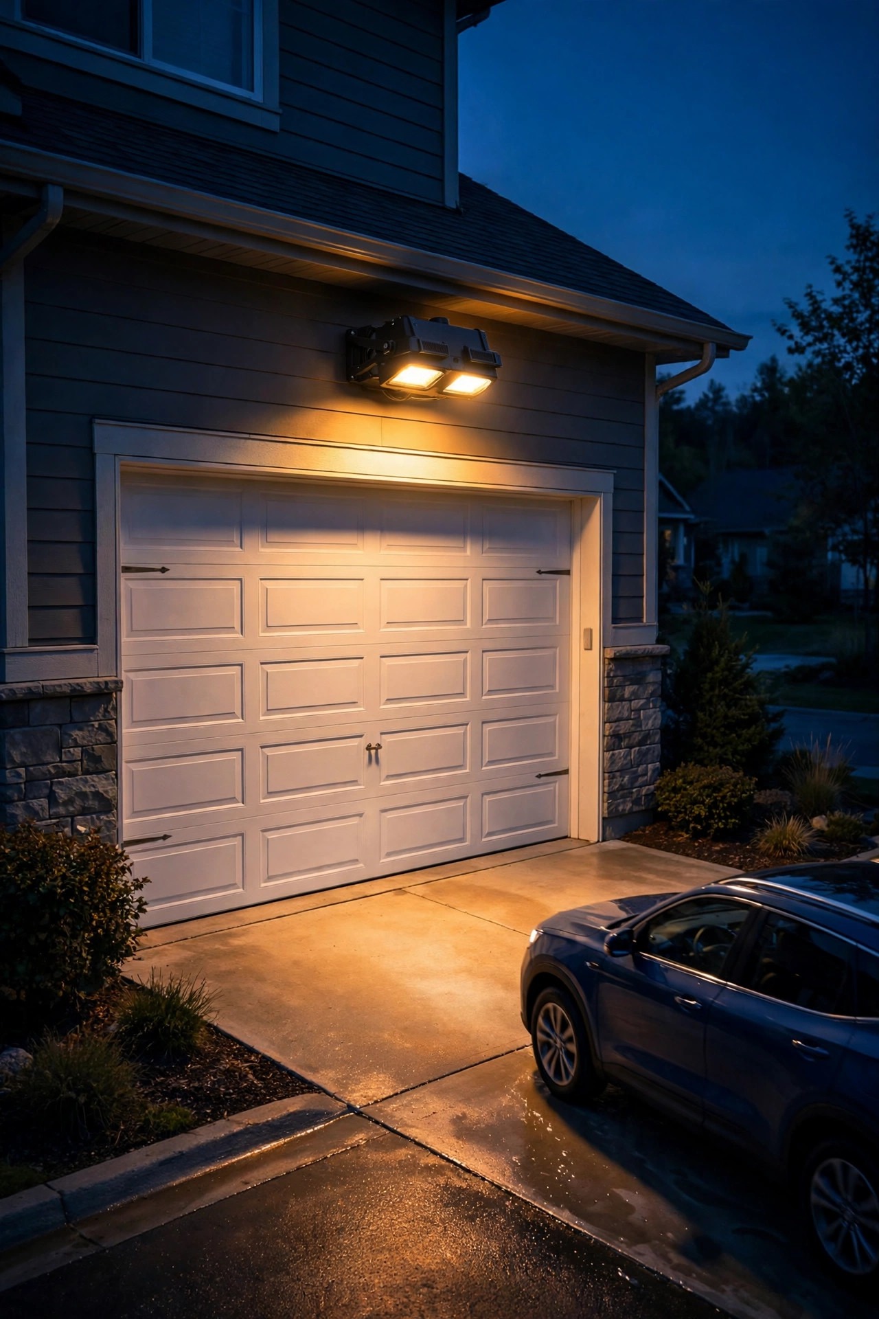 Motion-activated flood light mounted above a garage door washing the driveway apron in bright warm light as a car pulls in at night