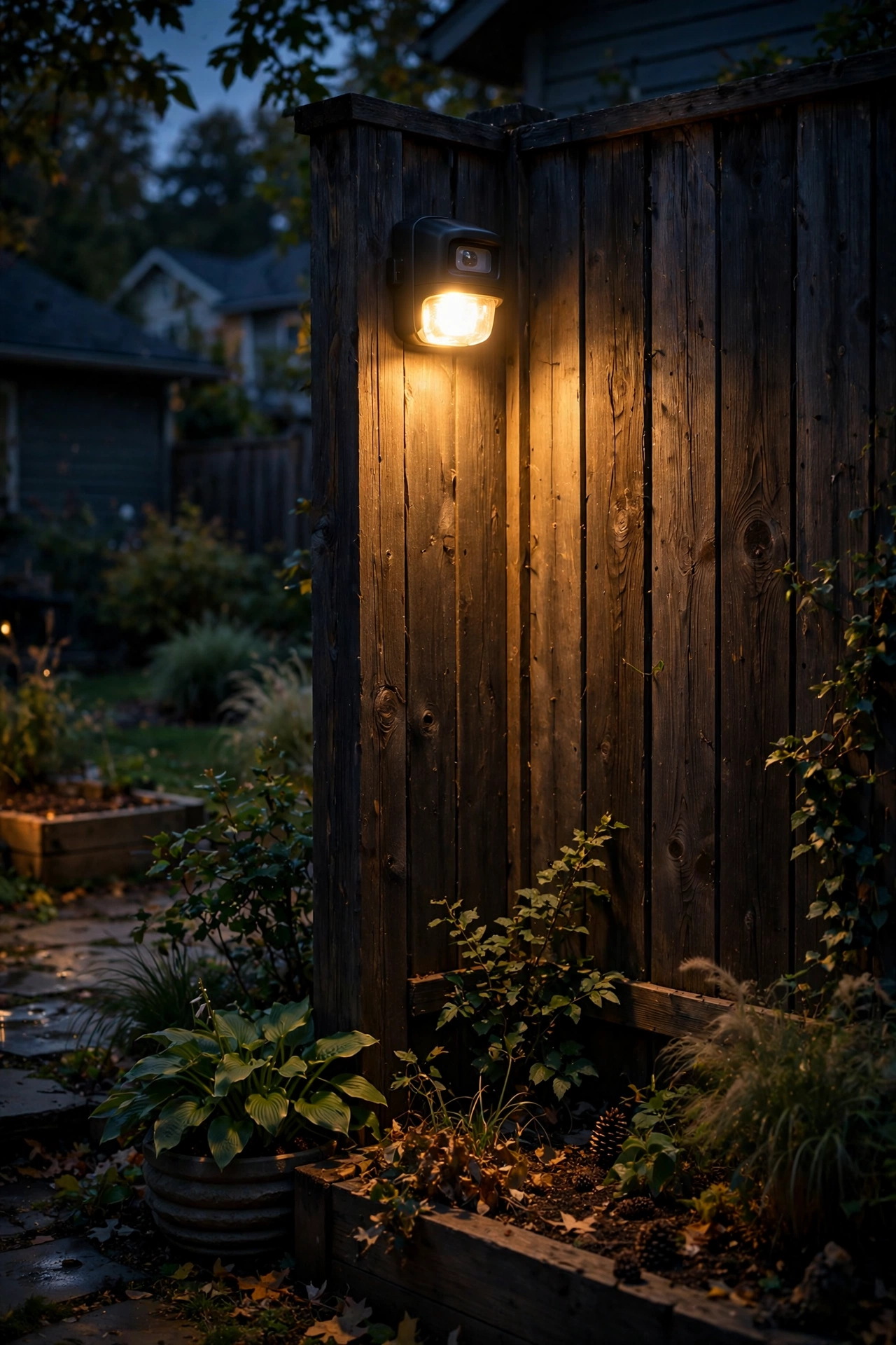 Motion-sensor spotlight mounted on a fence post lighting a garden gate at night