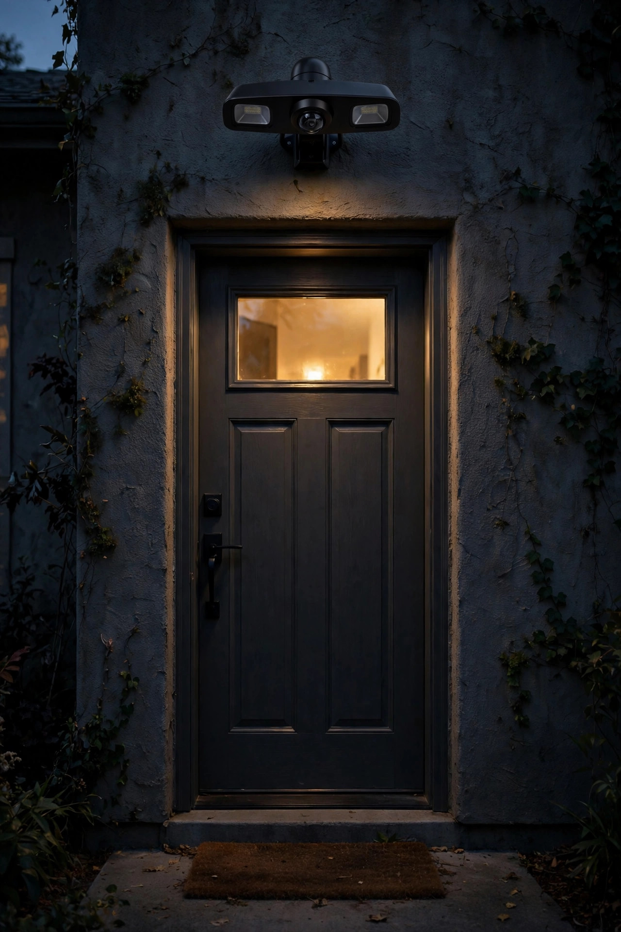 Motion sensor security flood light with infrared sensor head above a back door, dark and unobtrusive in the evening