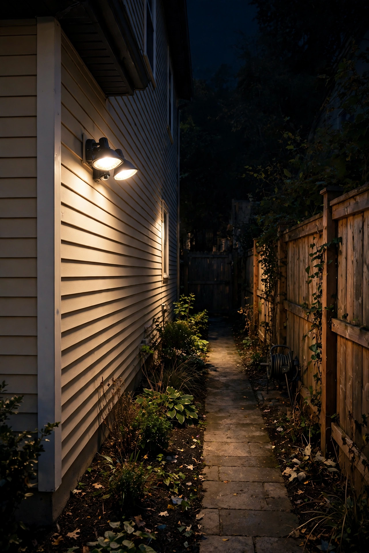 Motion-sensor LED floodlight mounted on a house wall illuminating a narrow side yard at night