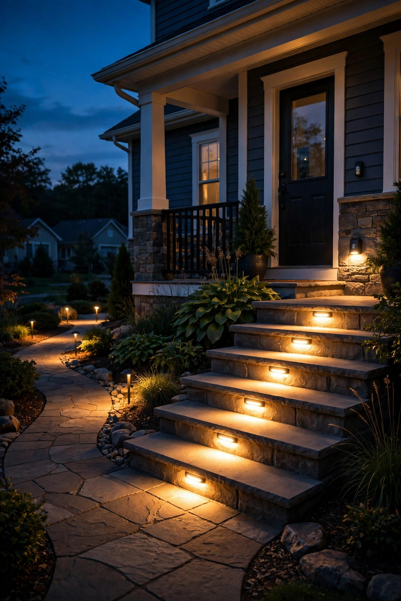 Motion sensor porch step lighting switching on as someone approaches the front steps at night