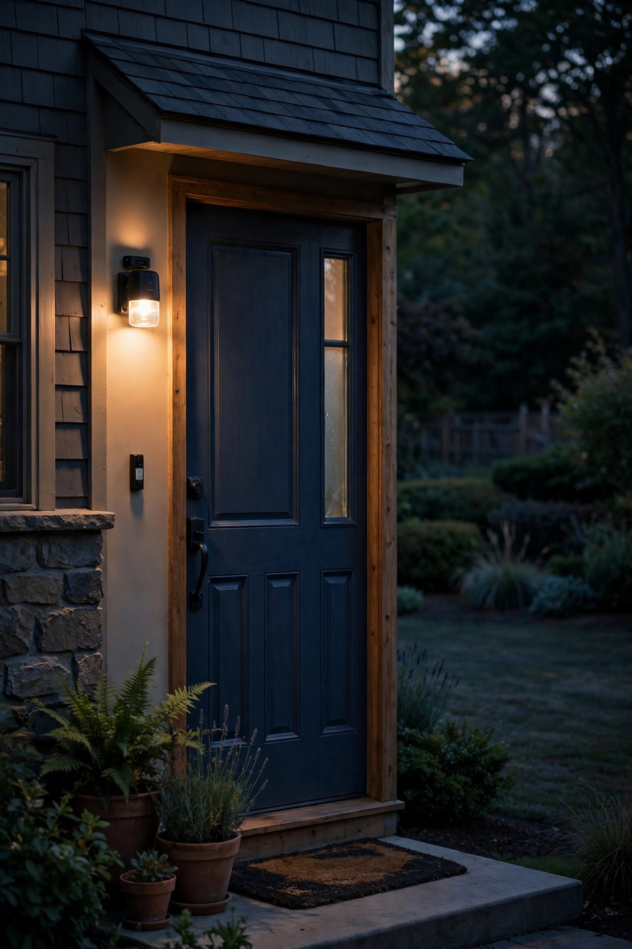 Motion sensor porch light glowing softly beside a front door at dusk while the quiet yard beyond rests in gentle shadow