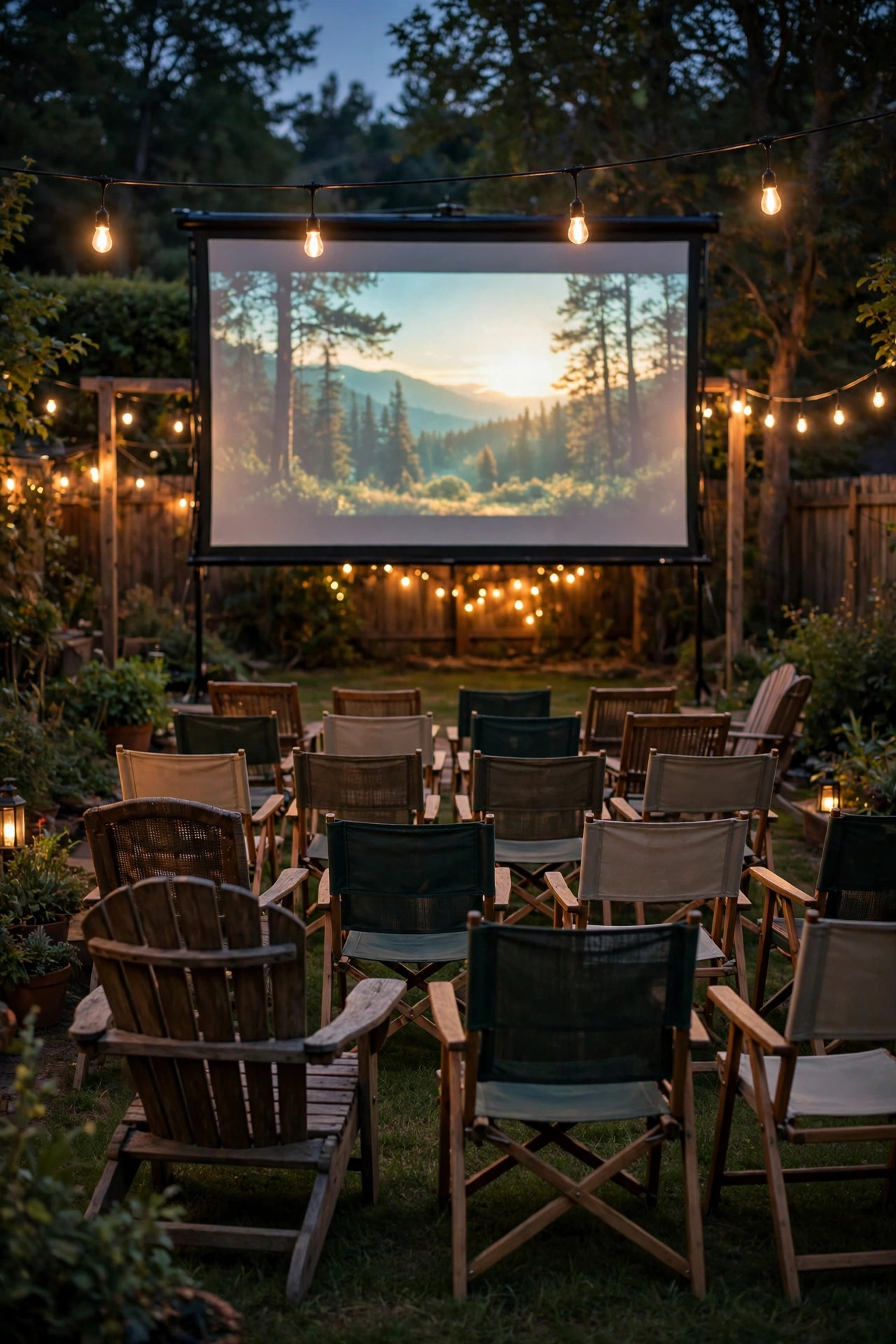 Backyard movie screen glowing at night with dim string lights behind rows of outdoor seating