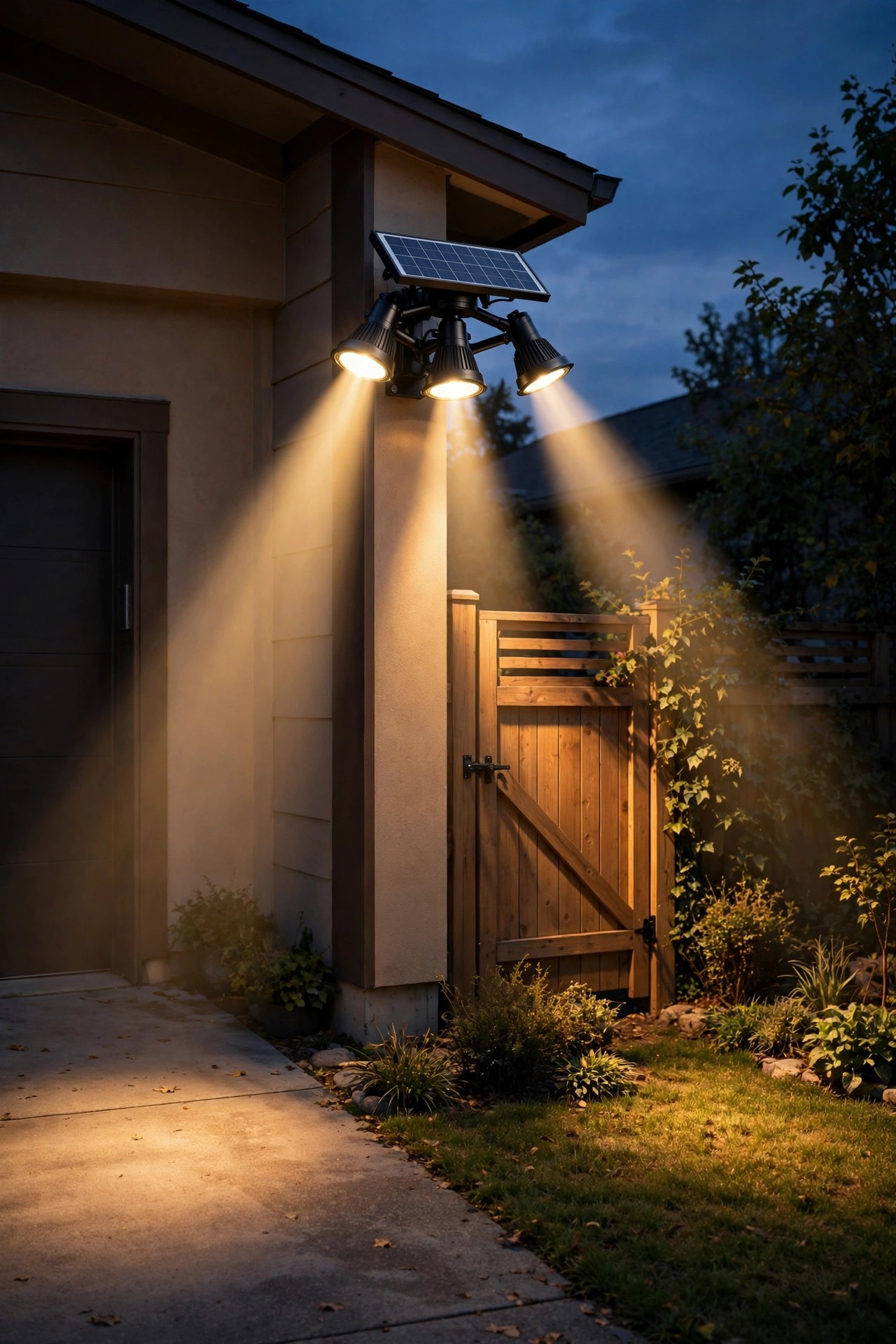 Triple-head solar flood light on a garage corner at dusk, three warm beams fanning out across a driveway, side gate and lawn