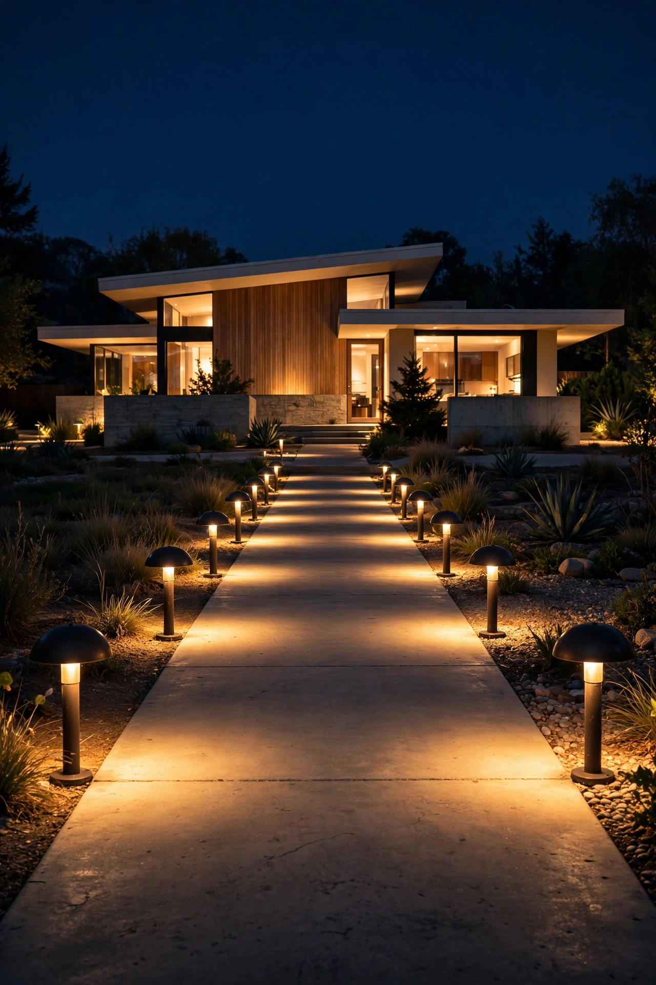 Low mushroom-shaped bollard lights lining a concrete walkway to a mid century modern home at night