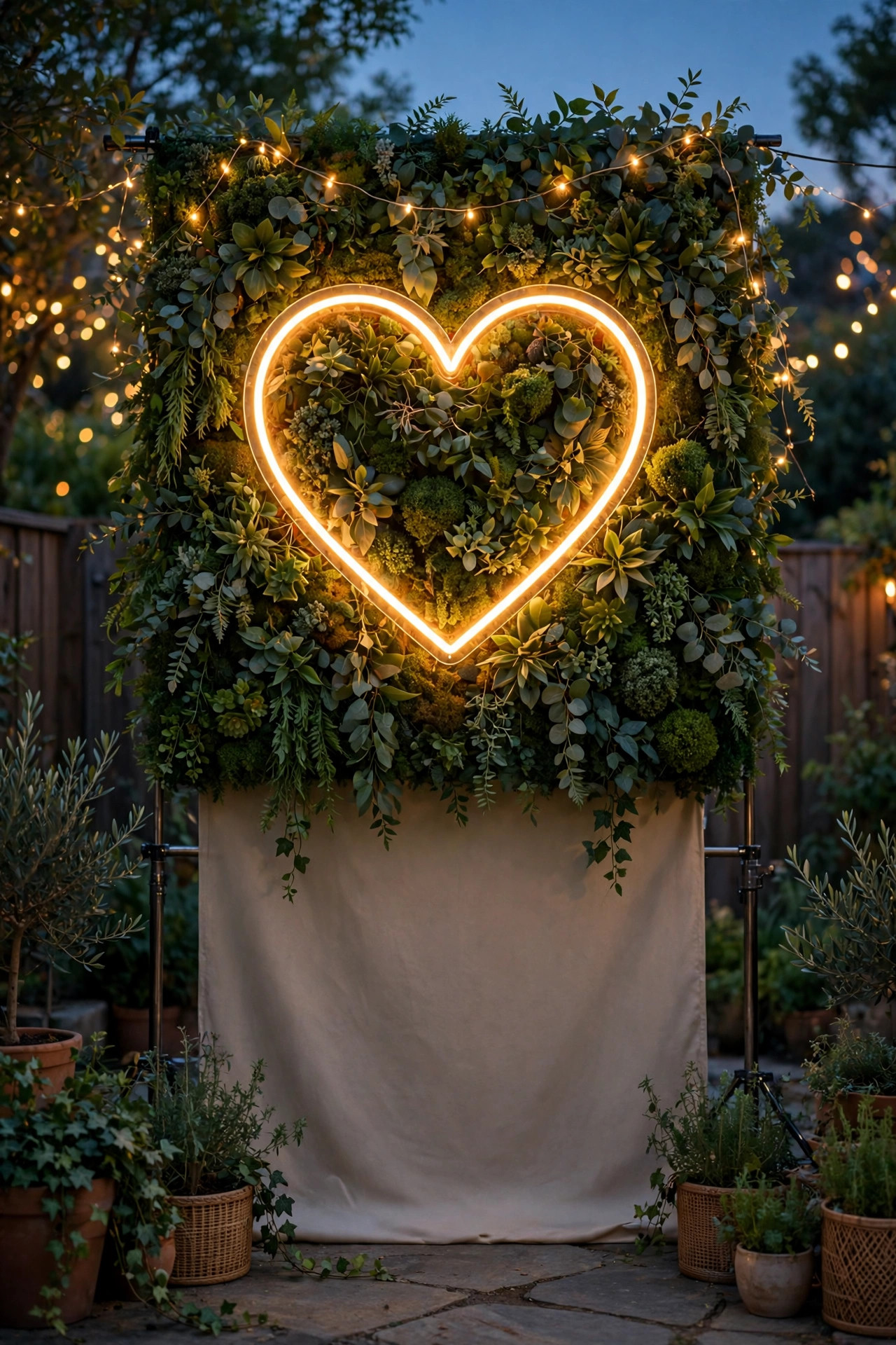 Warm white LED neon-style rope sign glowing at the center of a backyard photo backdrop