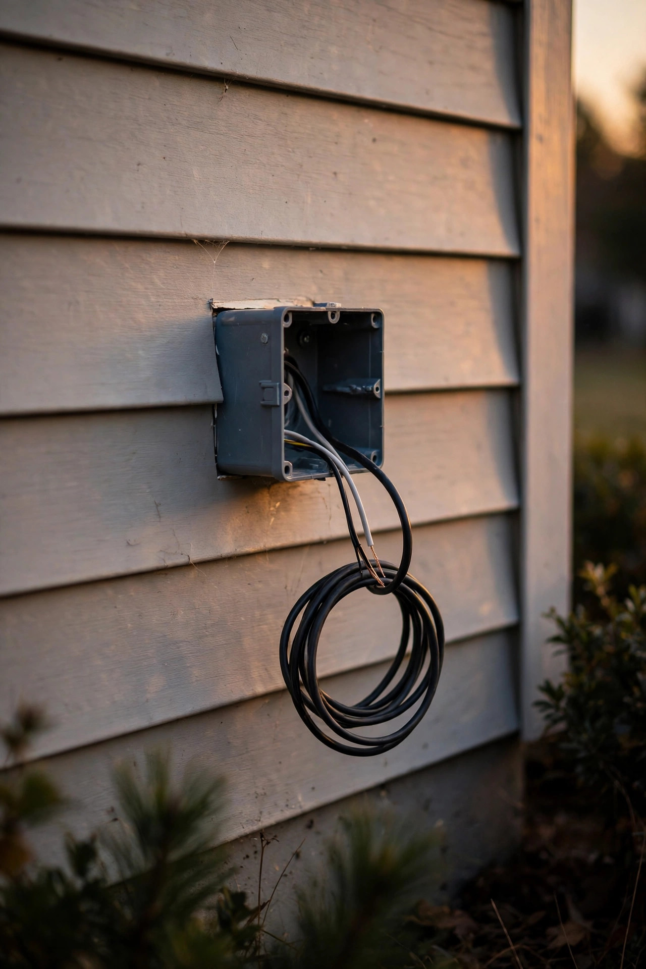 Freshly cut-in outdoor junction box on house siding with new cable fished to it, ready for a porch light where none existed before